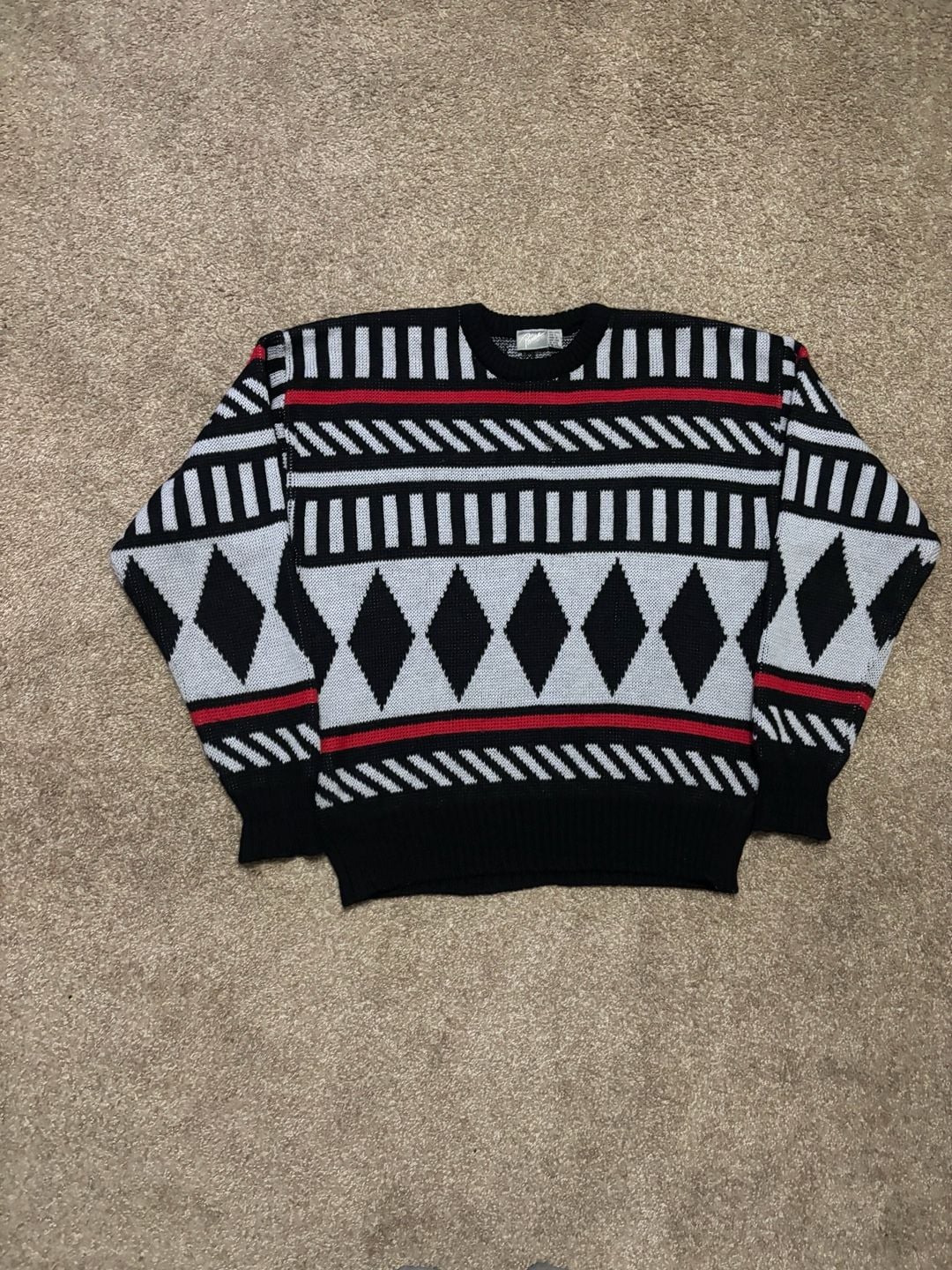 1990s Prima Sweater Size XL Black Red White Patterned Vintage 2