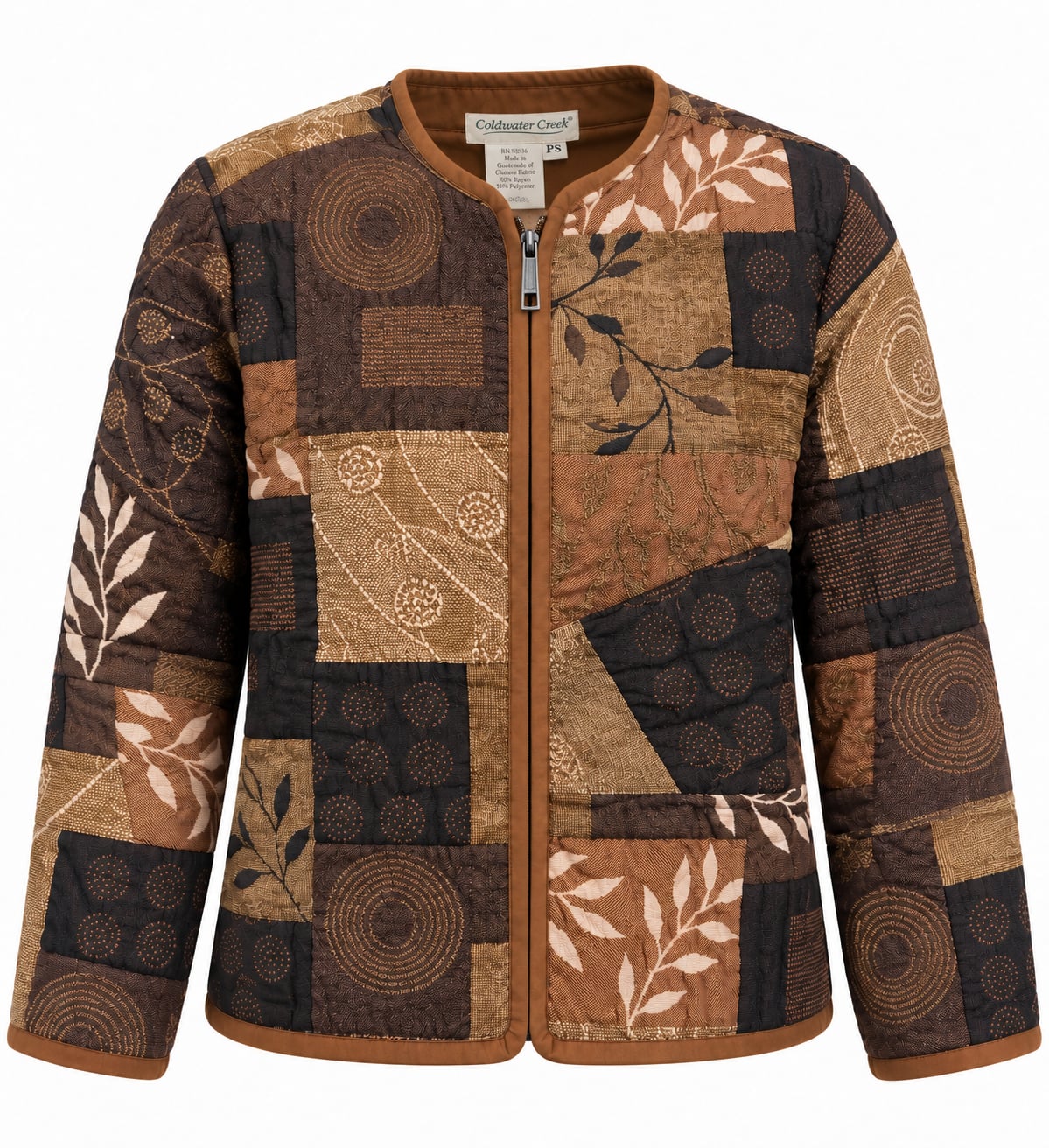 Coldwater Creek Quilted Patchwork Jacket Size PS Brown Zip Up 2