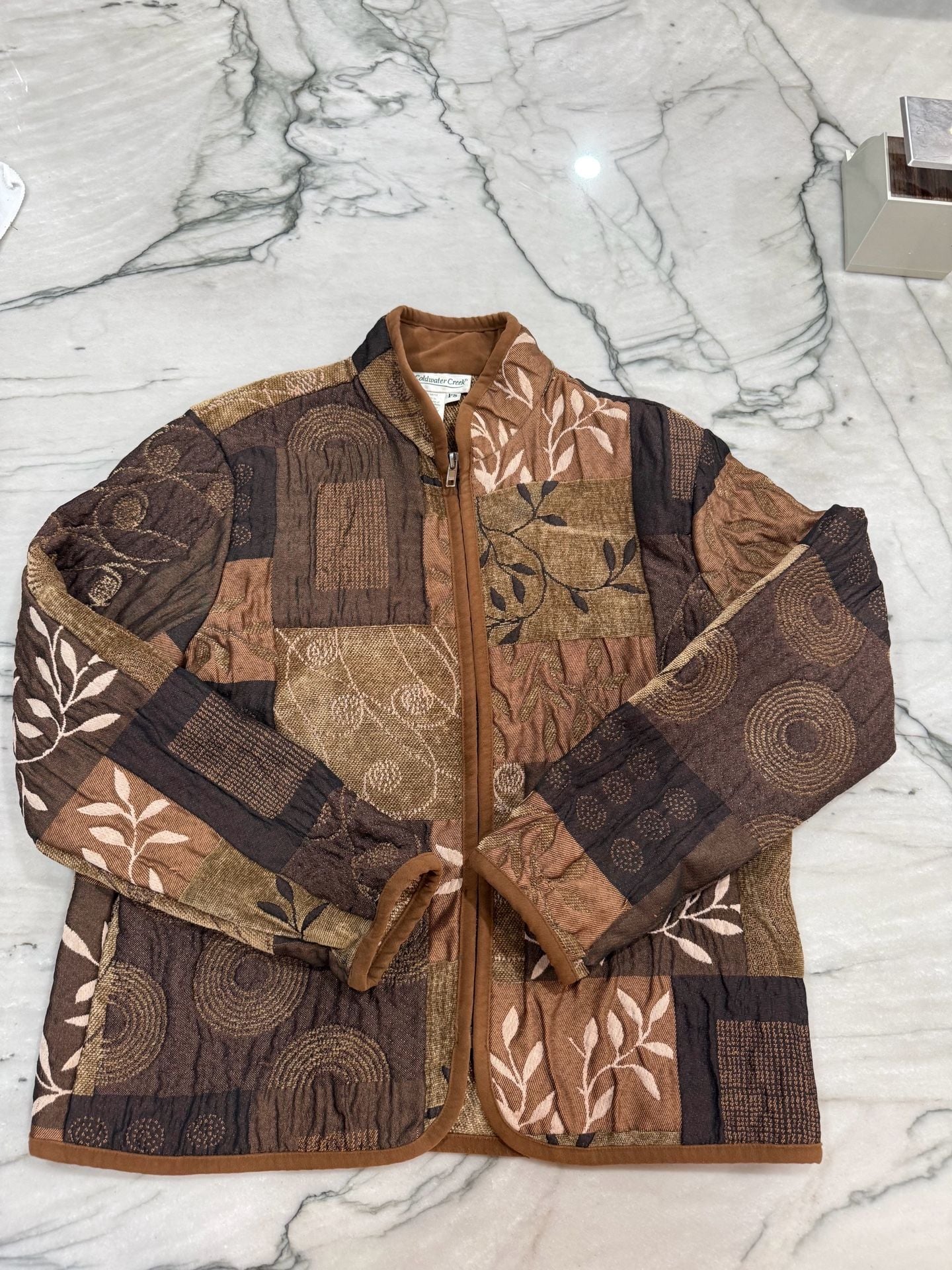 Coldwater Creek Quilted Patchwork Jacket Size PS Brown Zip Up 6