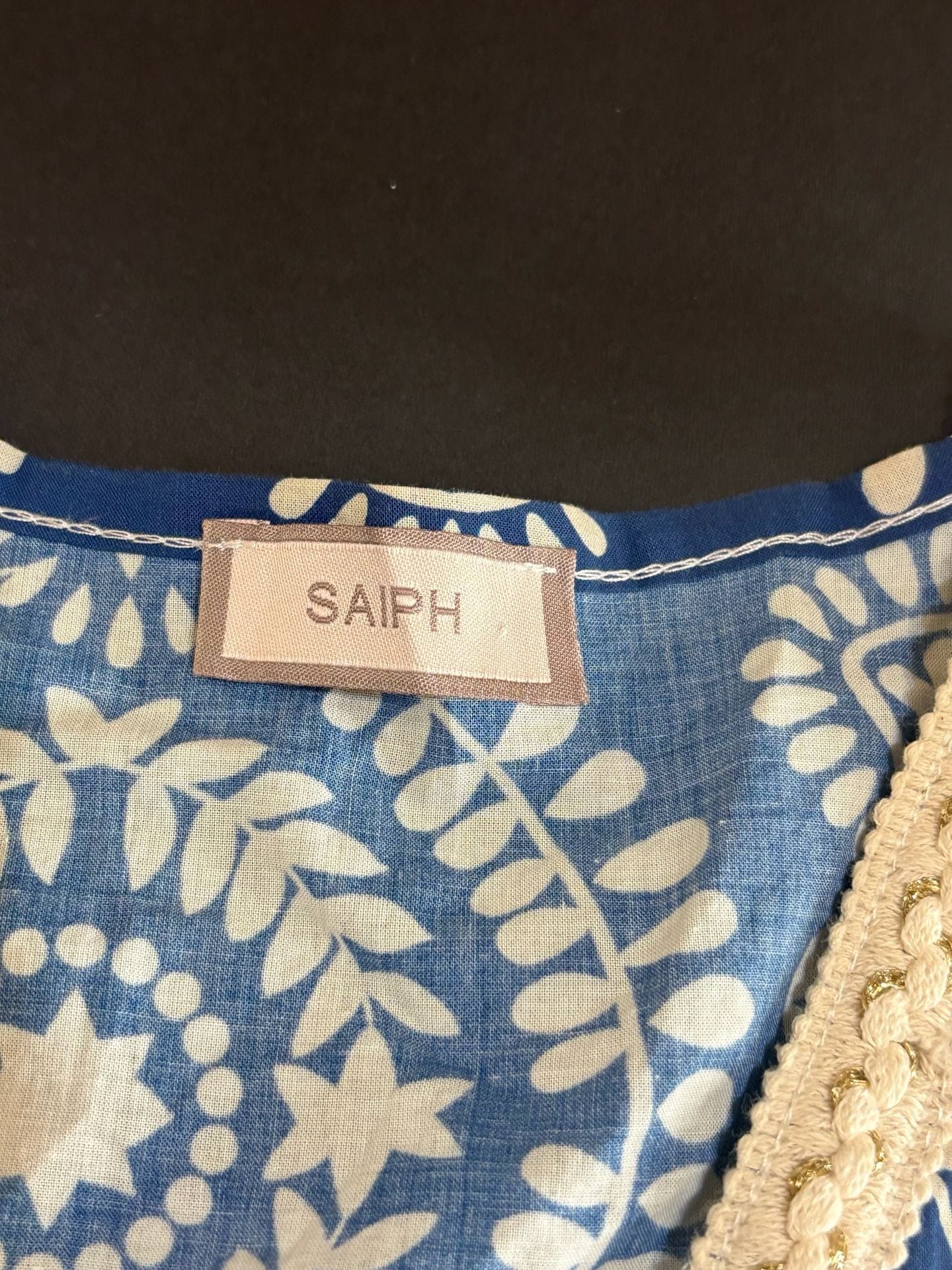 Saiph Dress Size M Blue White Printed Cotton Midi V-Neck Tiered 3