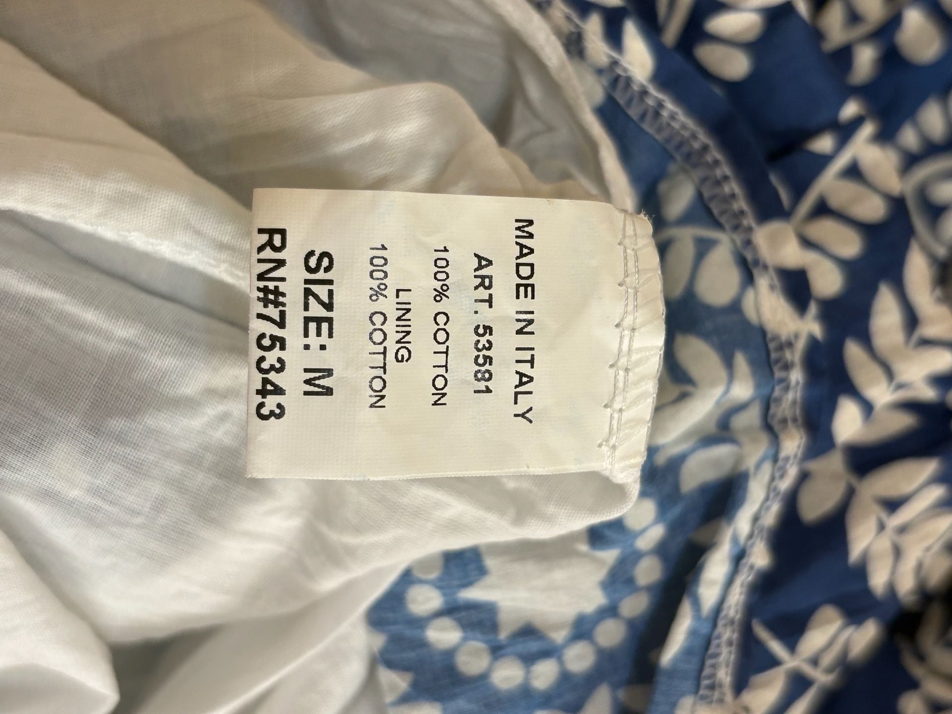Saiph Dress Size M Blue White Printed Cotton Midi V-Neck Tiered 4