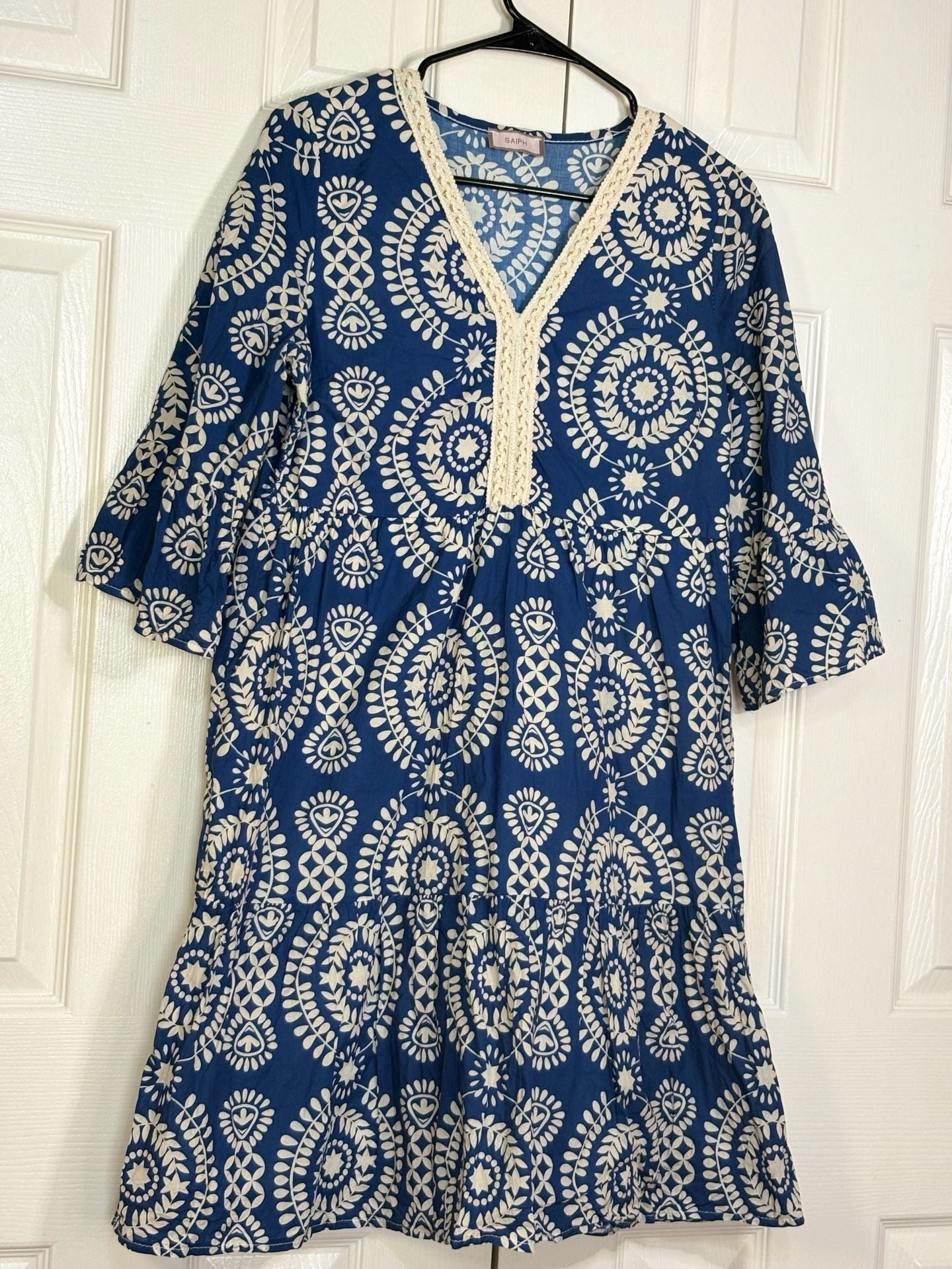 Saiph Dress Size M Blue White Printed Cotton Midi V-Neck Tiered 5