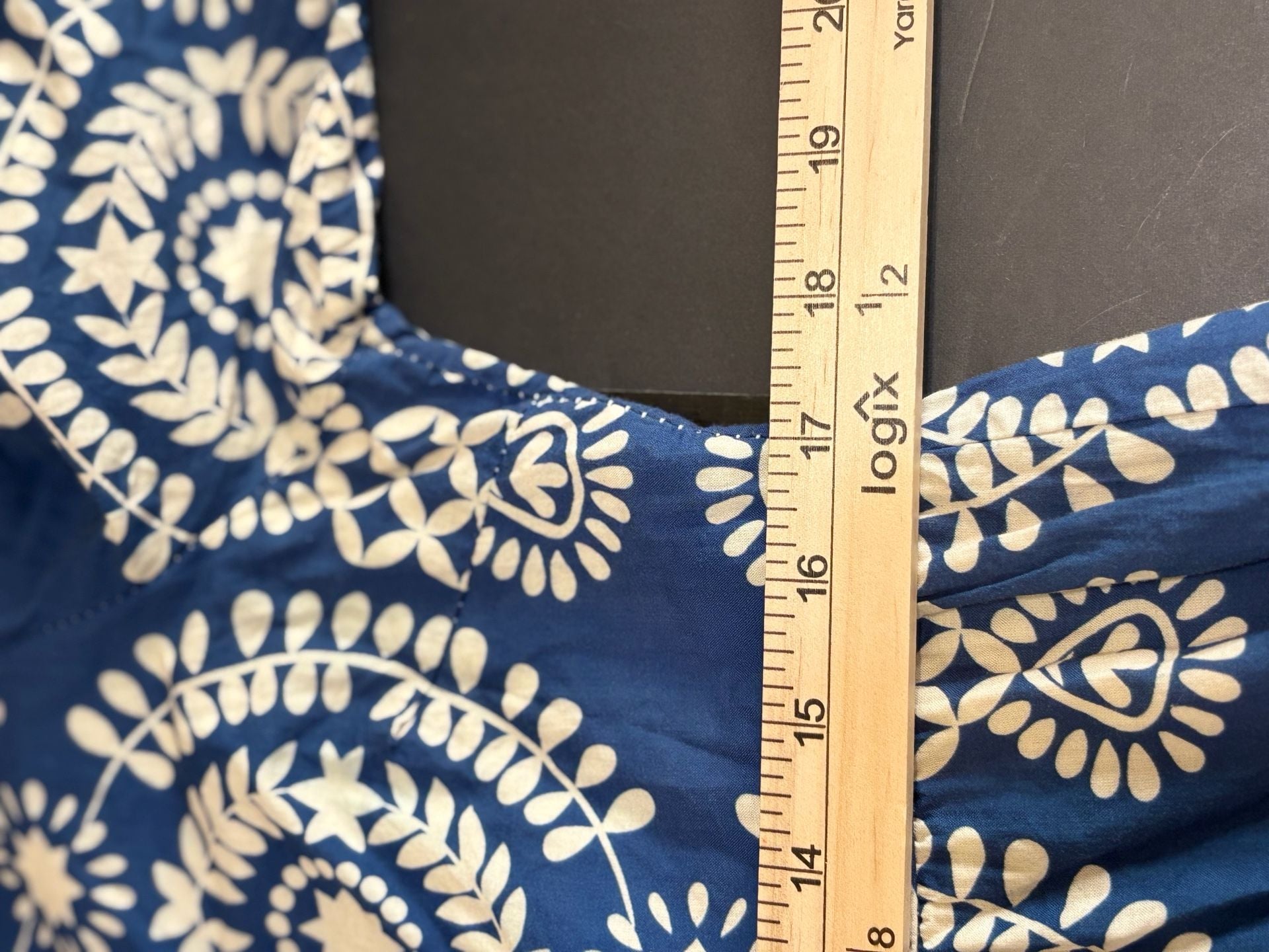 Saiph Dress Size M Blue White Printed Cotton Midi V-Neck Tiered 7