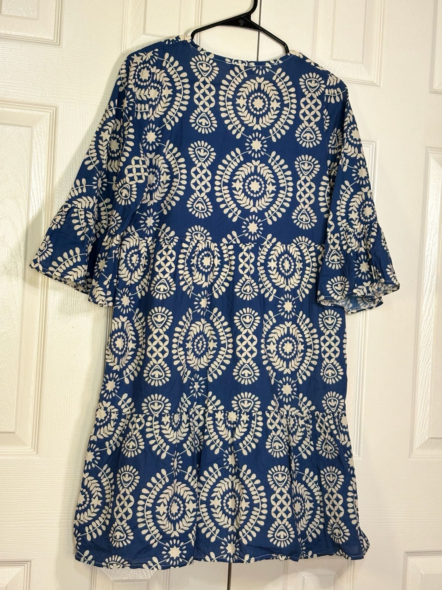 Saiph Dress Size M Blue White Printed Cotton Midi V-Neck Tiered 8