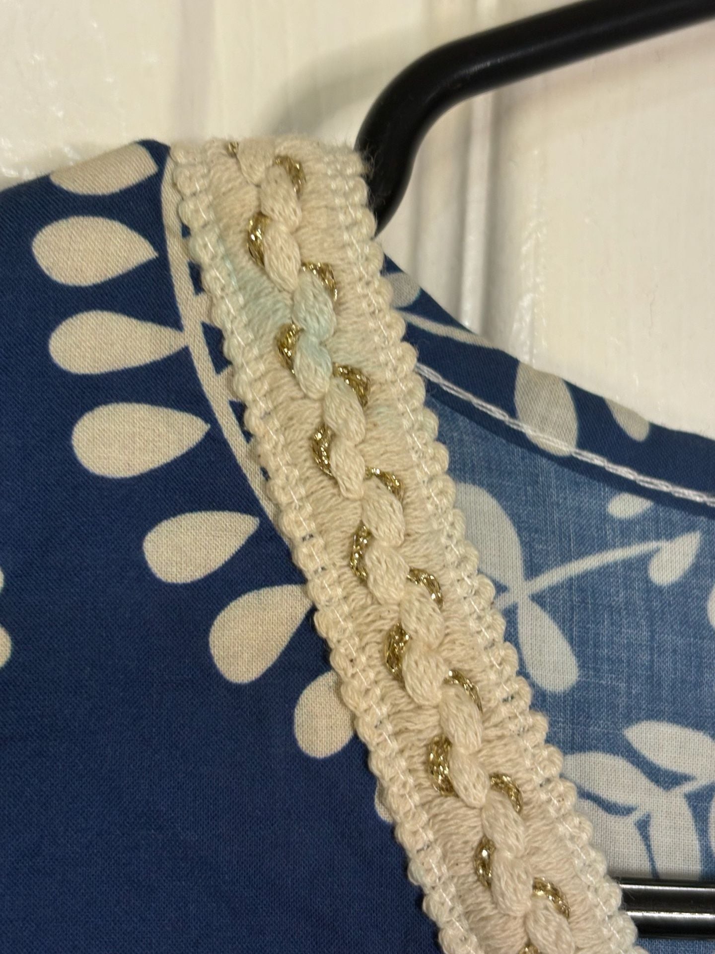 Saiph Dress Size M Blue White Printed Cotton Midi V-Neck Tiered 9