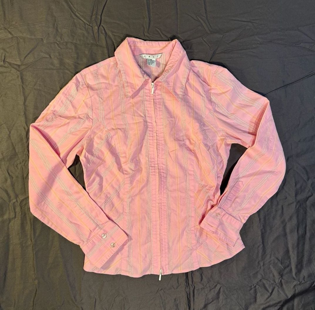 Cabi Full Zip Striped Shirt Size M Pink Long Sleeve Blouse 2