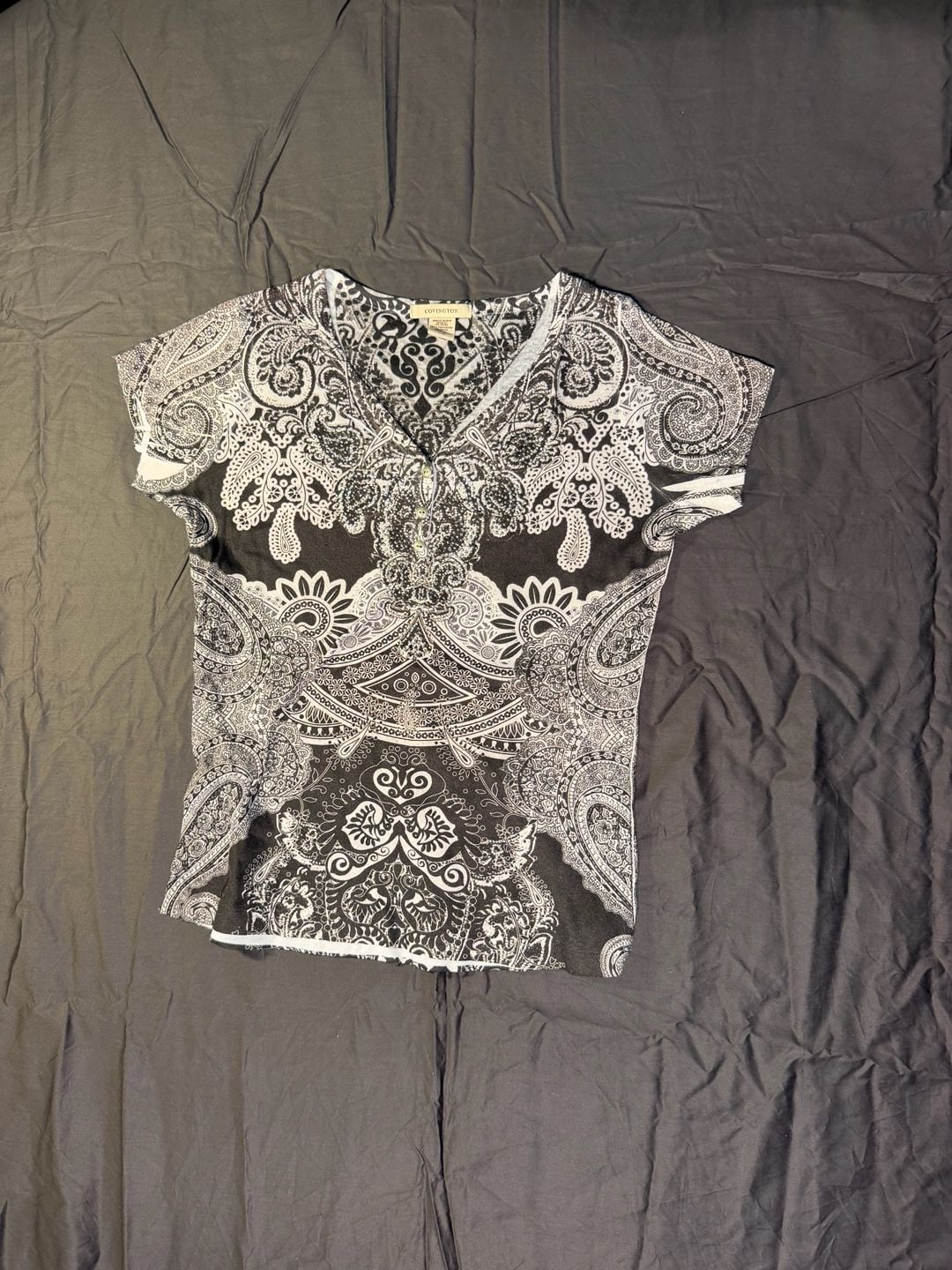 Covington Black White Paisley Blouse Size L 2