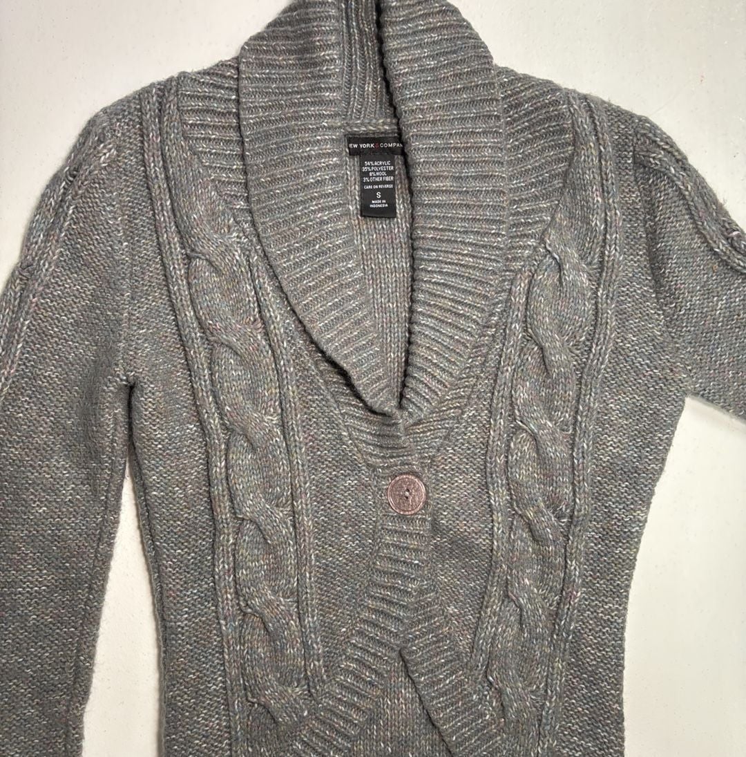 New York & Company Cardigan Sweater Size S Grey Cable Knit Shawl Collar 3