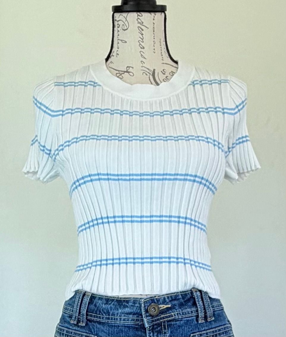 Happily Grey Women’s Ribbed Striped Short Sleeve Sweater White Blue Large 2