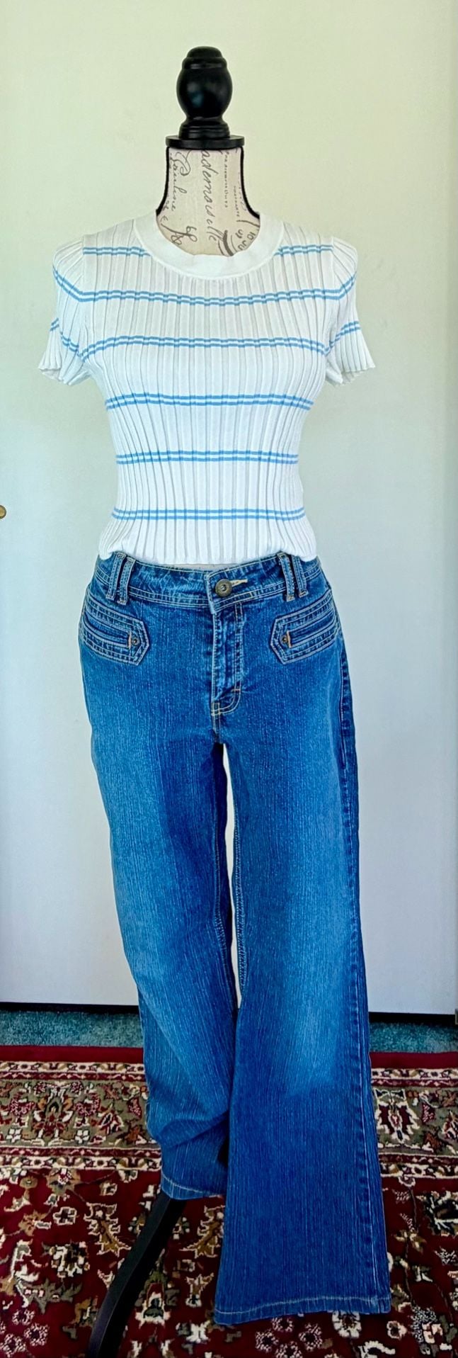 Happily Grey Women’s Ribbed Striped Short Sleeve Sweater White Blue Large 6