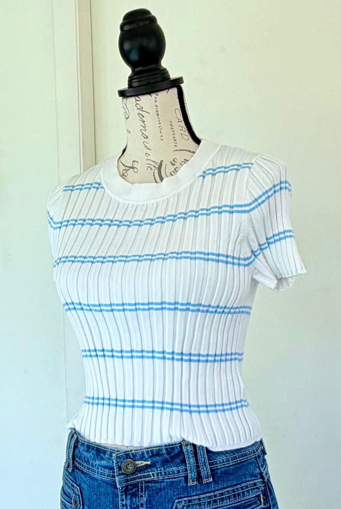 Happily Grey Women’s Ribbed Striped Short Sleeve Sweater White Blue Large 7