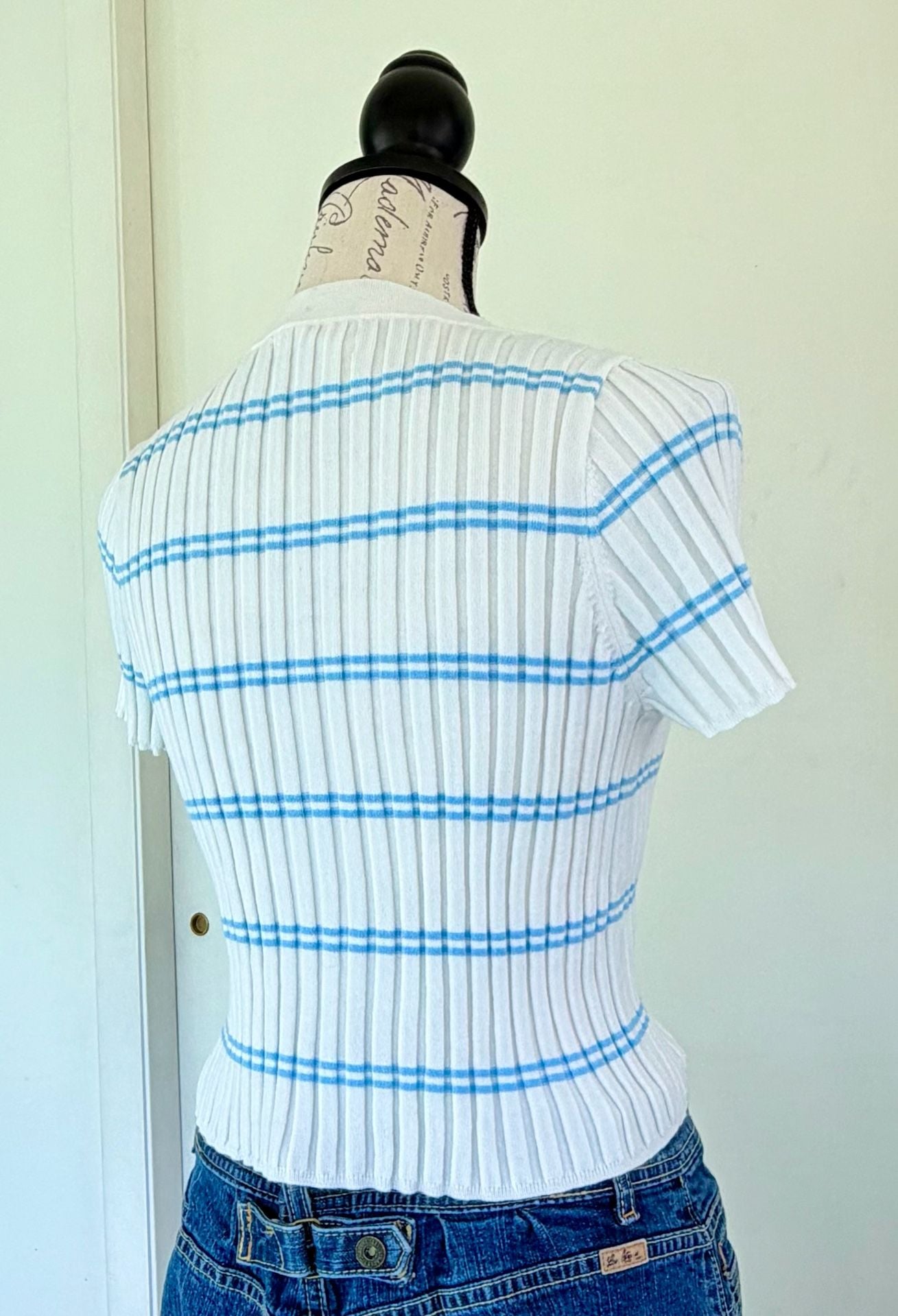Happily Grey Women’s Ribbed Striped Short Sleeve Sweater White Blue Large 9