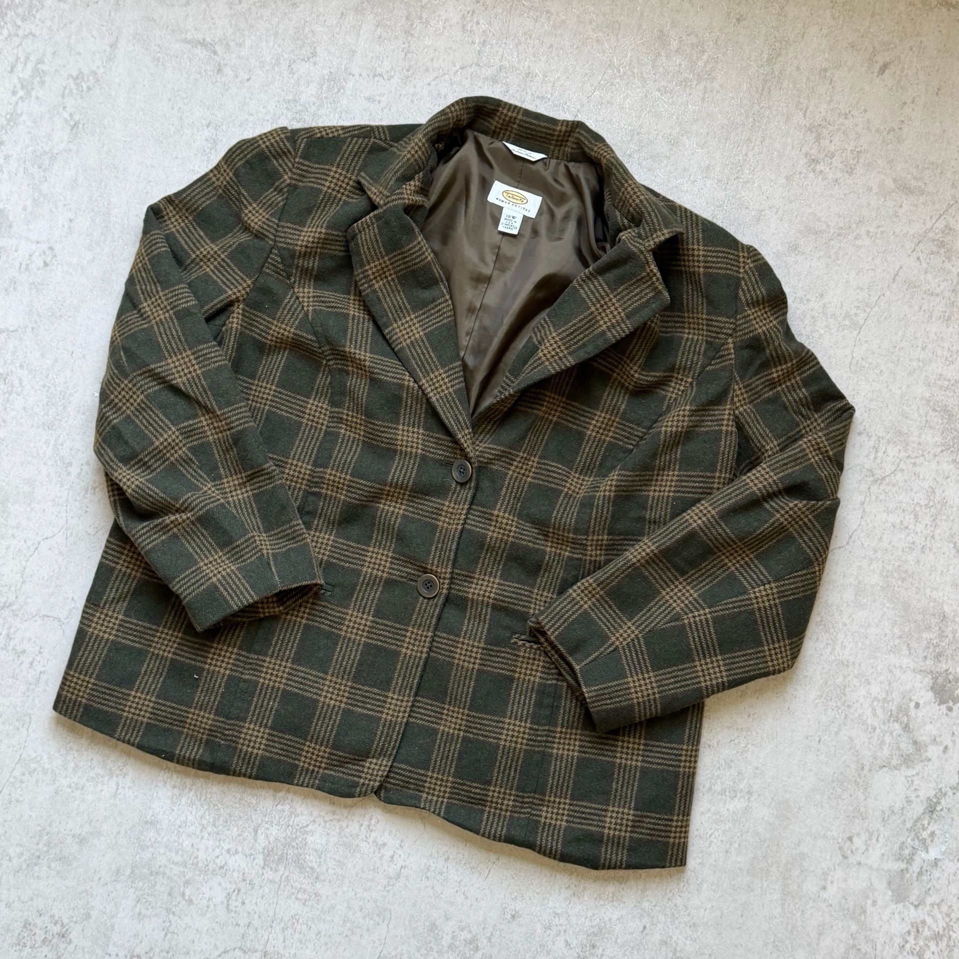 Talbots Woman Petite Blazer Size 18WP Green Plaid Wool Blend Jacket 2