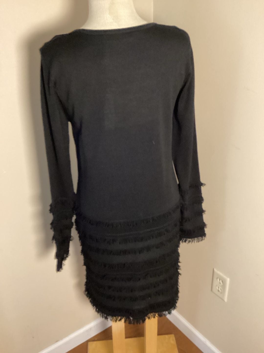 Trina Turk Black Fringe Long Sleeve Dress Size L 4