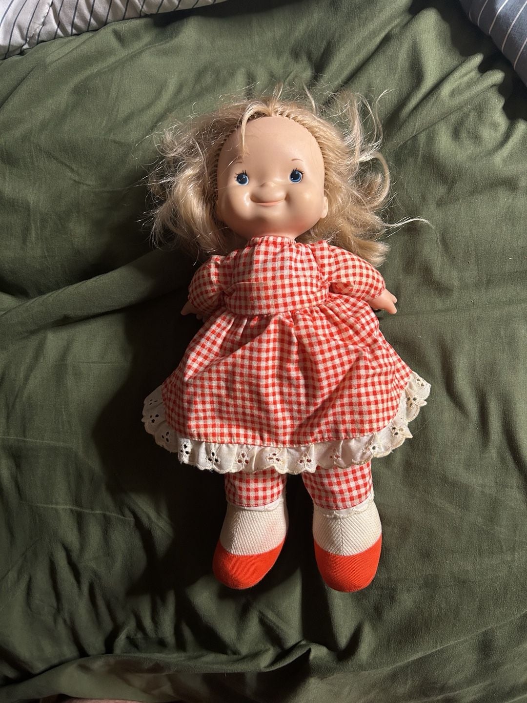 Vintage 1973 Fisher-Price Toys Doll Red Gingham Dress 1