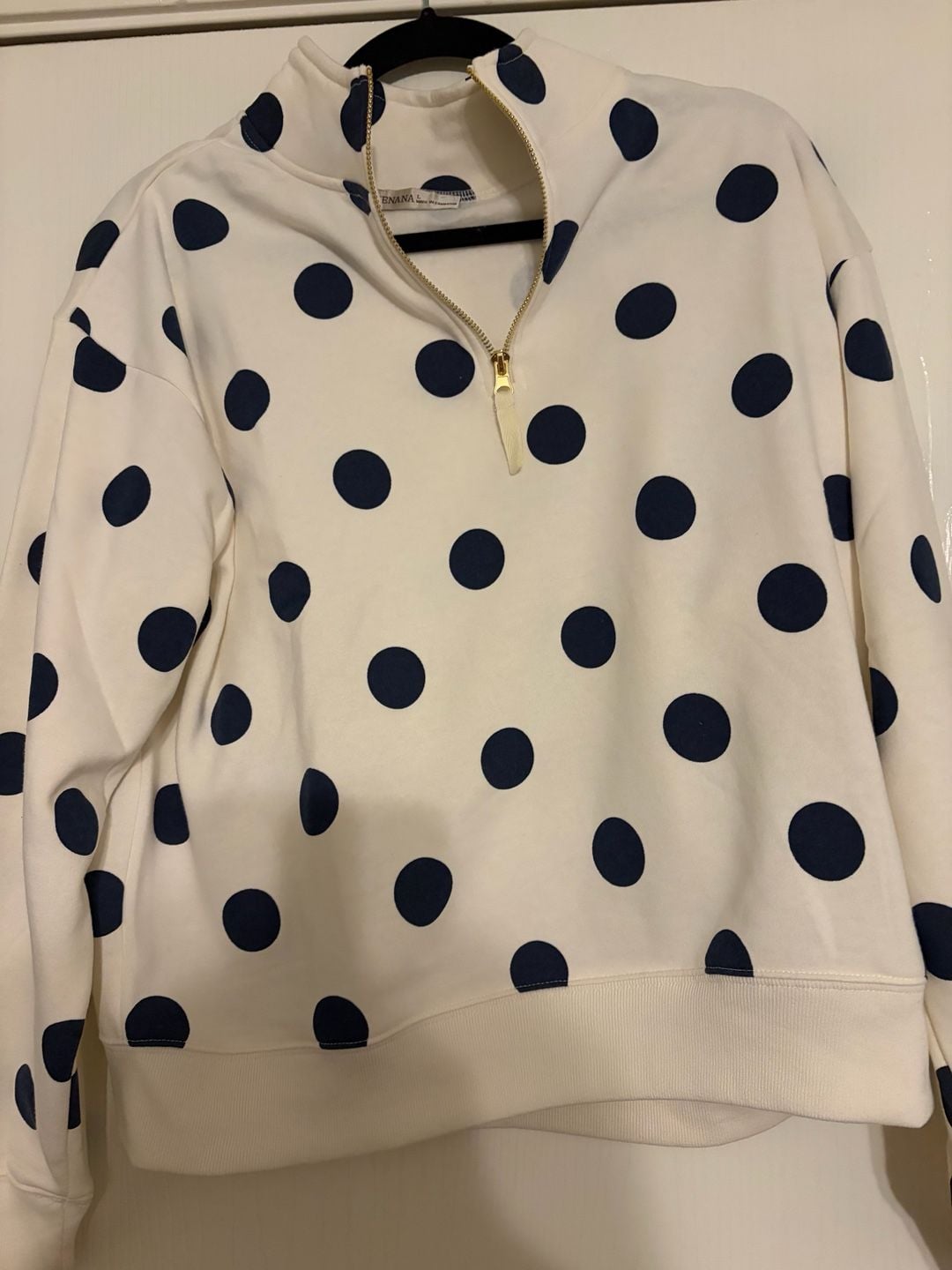 Zenana Polka Dot 1/4 Zip Pullover Sweatshirt Size L White Blue 2