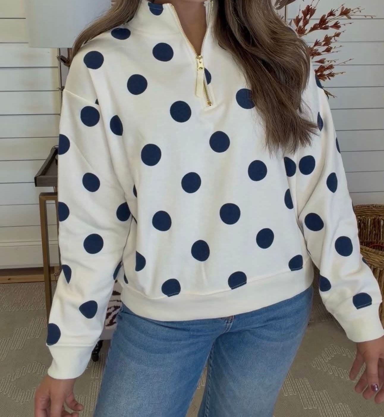 Zenana Polka Dot 1/4 Zip Pullover Sweatshirt Size L White Blue 4