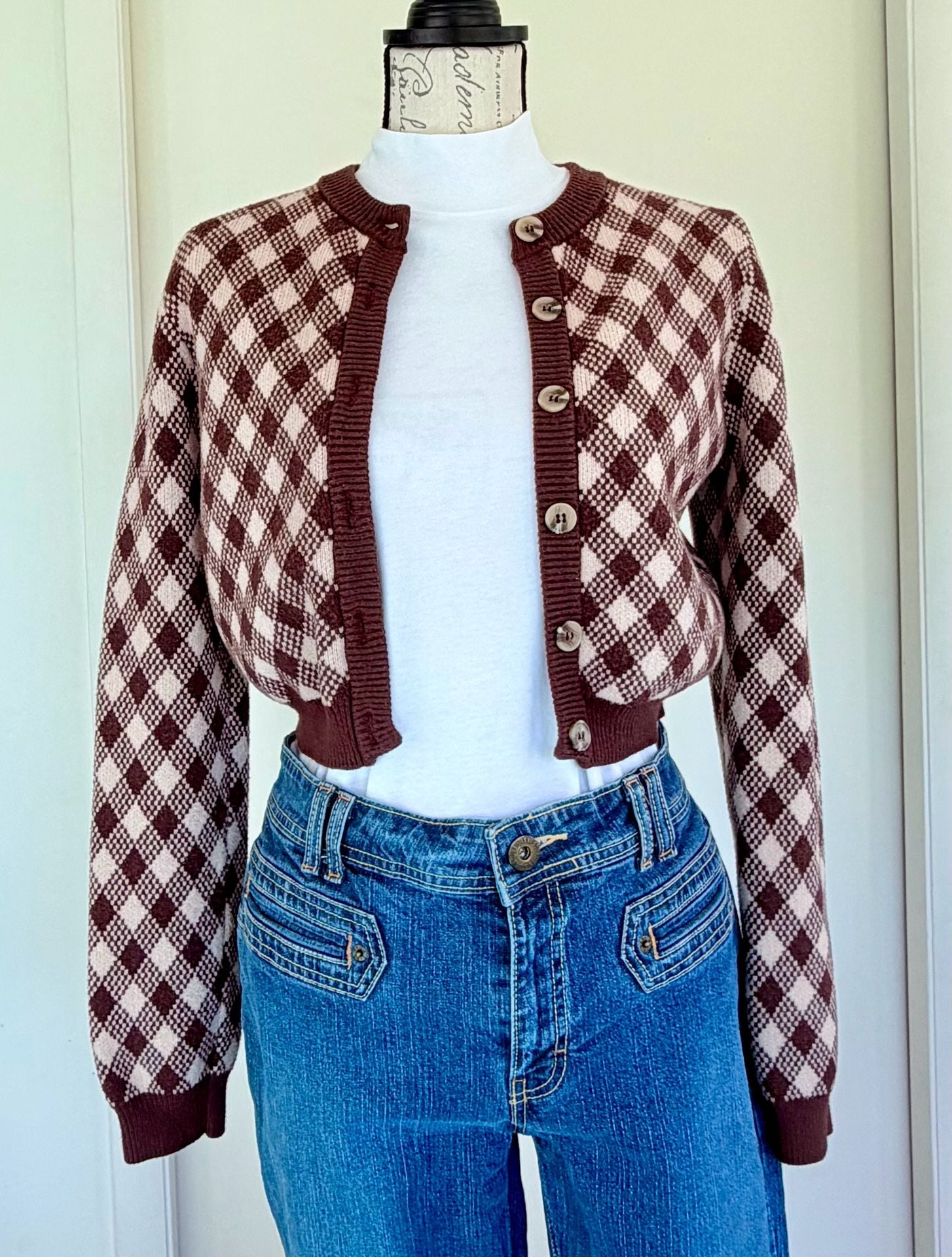 Cotton Candy LA Women’s Cardigan Sweater Brown Argyle Cropped Size Large 2