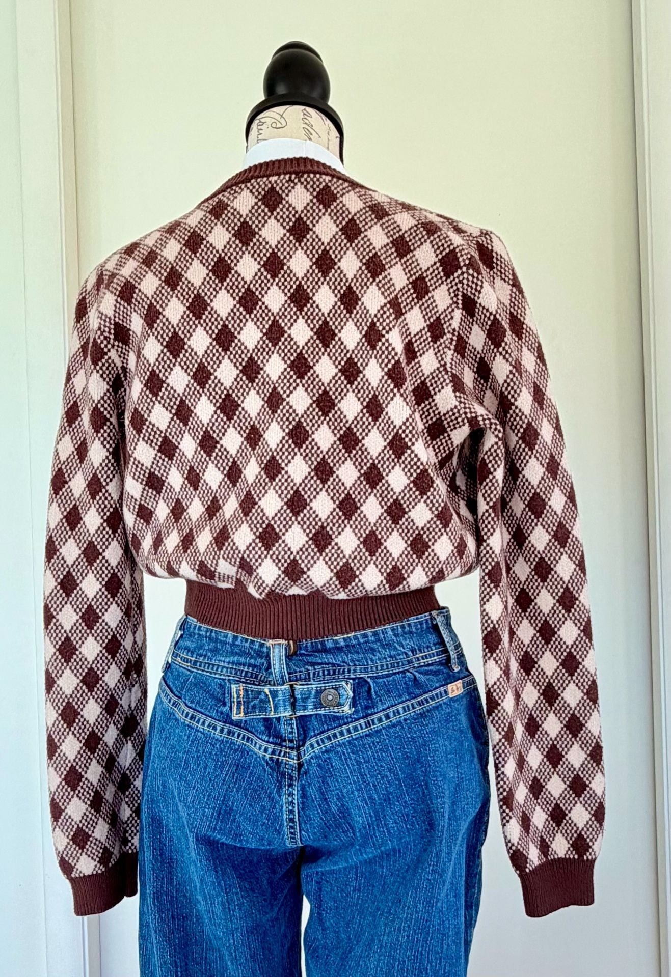 Cotton Candy LA Women’s Cardigan Sweater Brown Argyle Cropped Size Large 4
