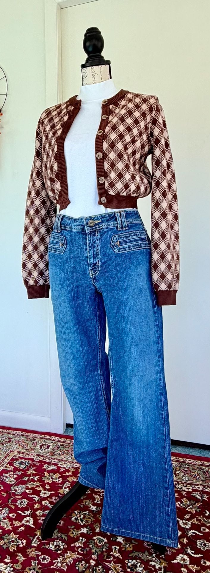 Cotton Candy LA Women’s Cardigan Sweater Brown Argyle Cropped Size Large 6