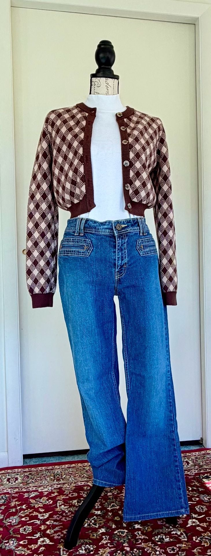 Cotton Candy LA Women’s Cardigan Sweater Brown Argyle Cropped Size Large 7