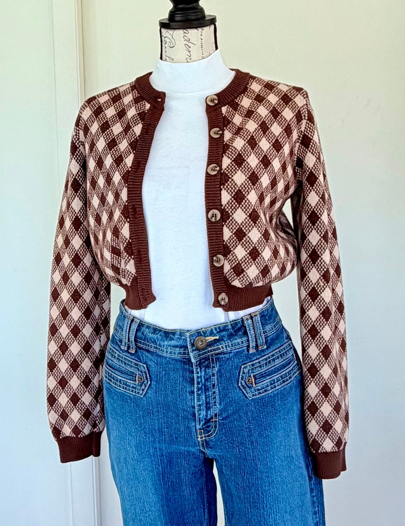 Cotton Candy LA Women’s Cardigan Sweater Brown Argyle Cropped Size Large 8