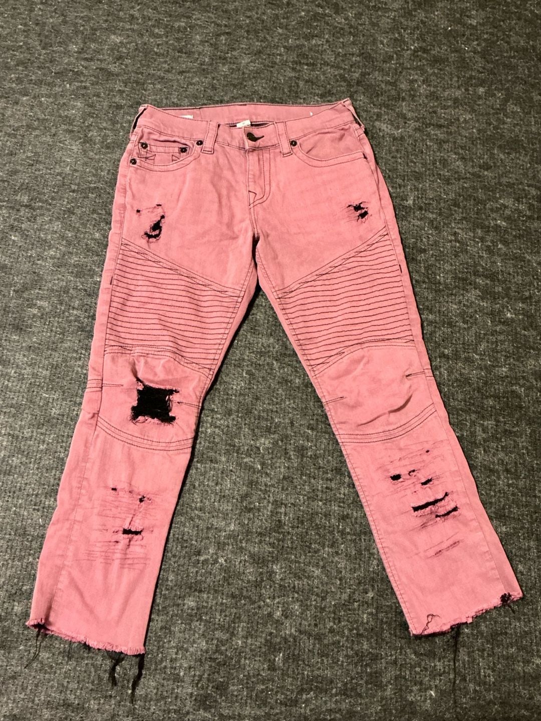 True Religion Geno Relaxed Slim Moto Jeans Womens Size 30 Pink Distressed 2