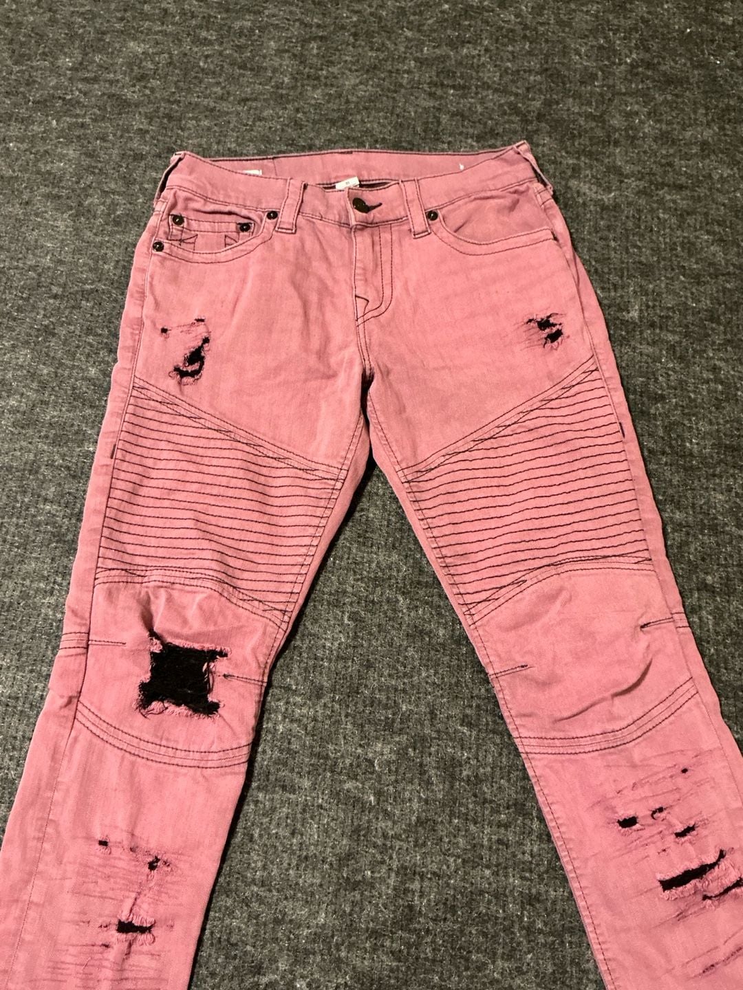 True Religion Geno Relaxed Slim Moto Jeans Womens Size 30 Pink Distressed 3