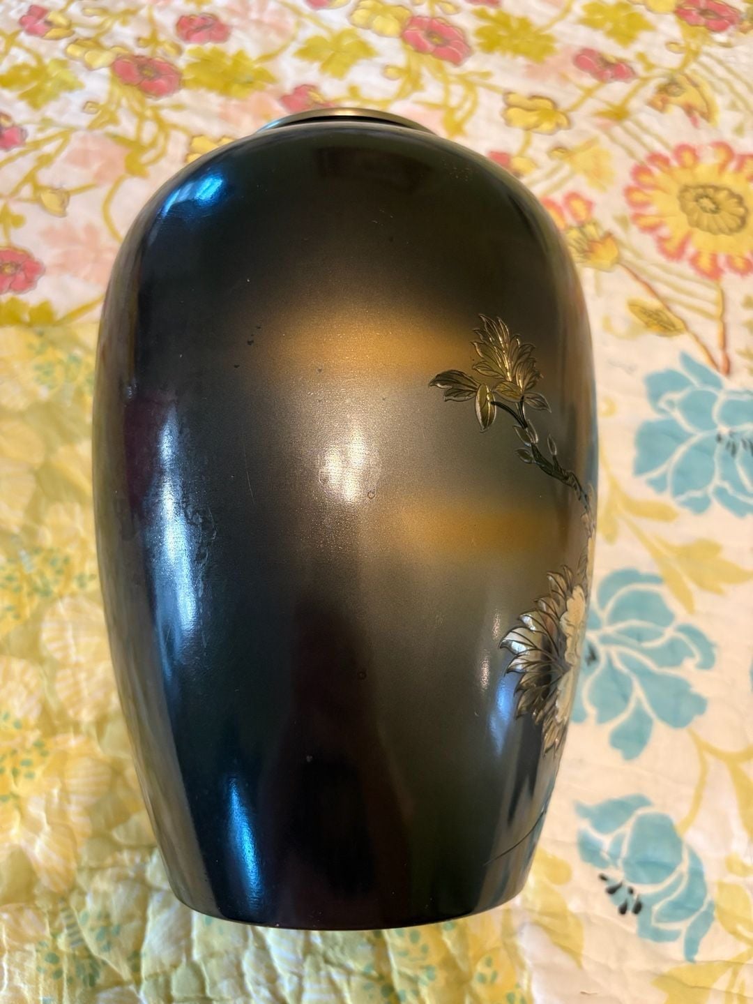 Preowned Vintage Japanese Etched Metal Or Bronze Vase Pheasant Floral Design 2