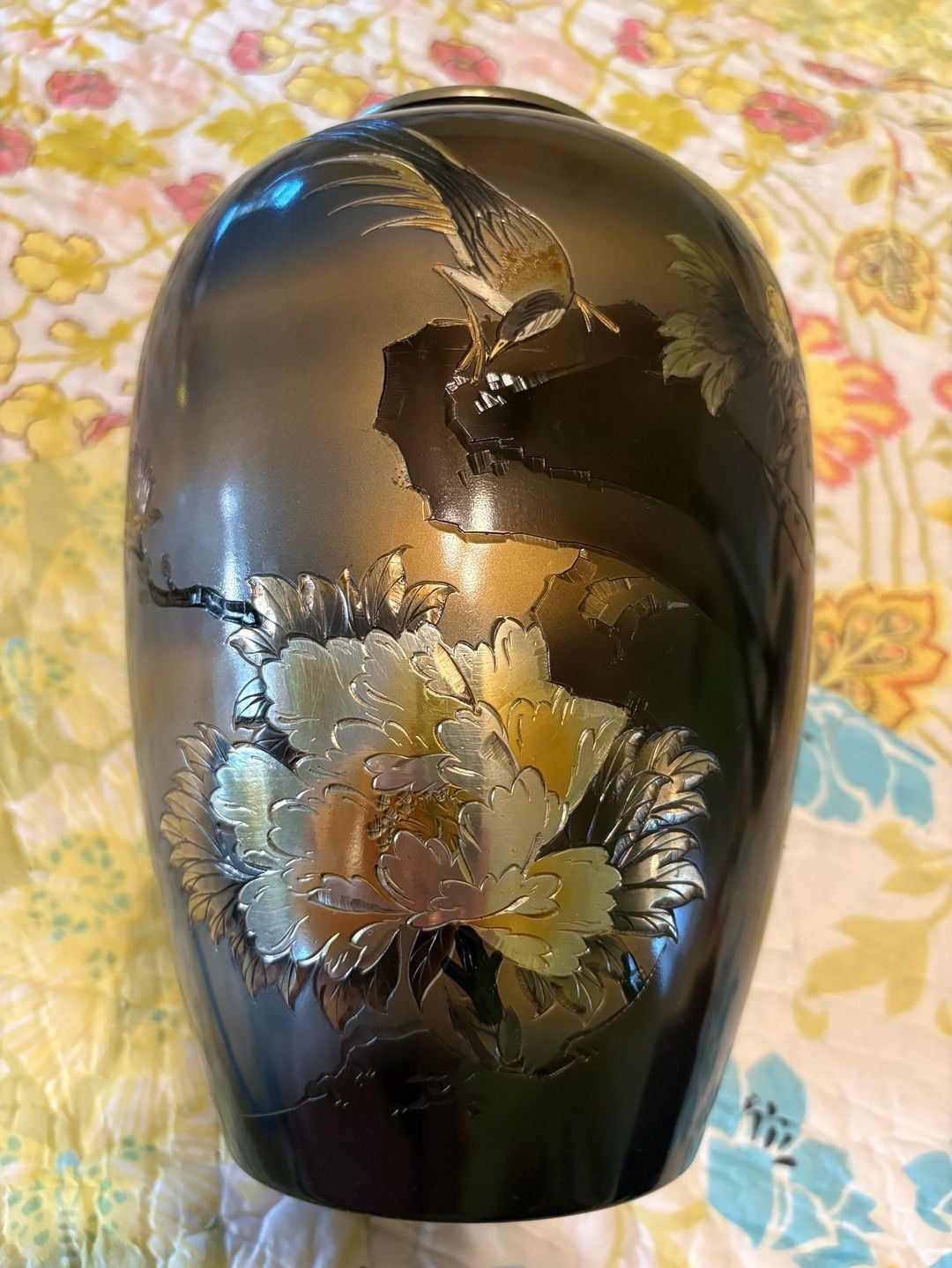 Preowned Vintage Japanese Etched Metal Or Bronze Vase Pheasant Floral Design 8