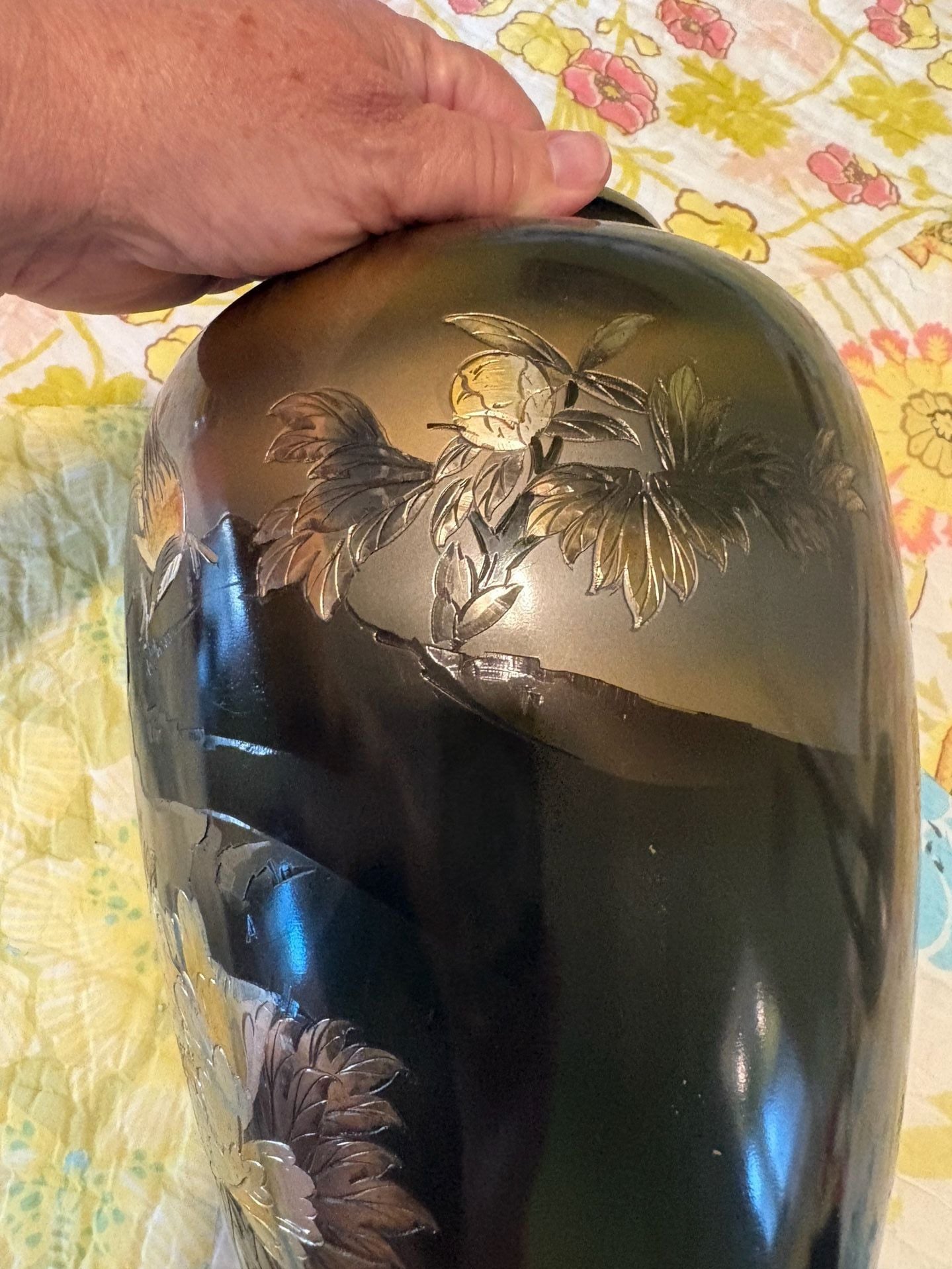 Preowned Vintage Japanese Etched Metal Or Bronze Vase Pheasant Floral Design 11