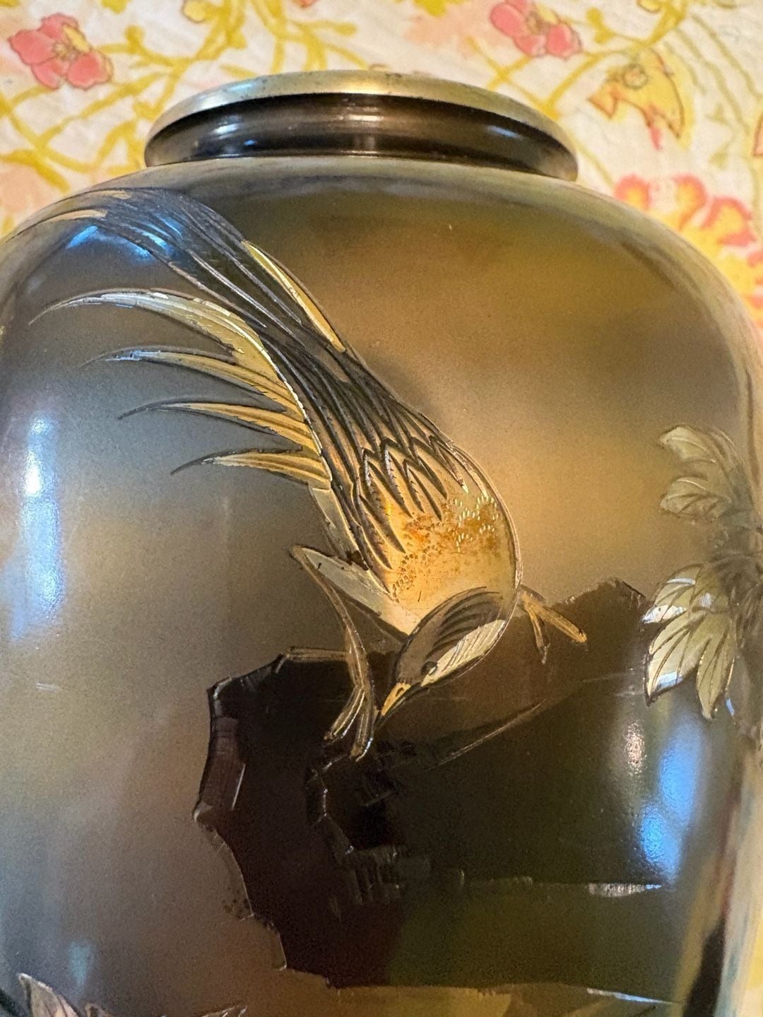 Preowned Vintage Japanese Etched Metal Or Bronze Vase Pheasant Floral Design 9