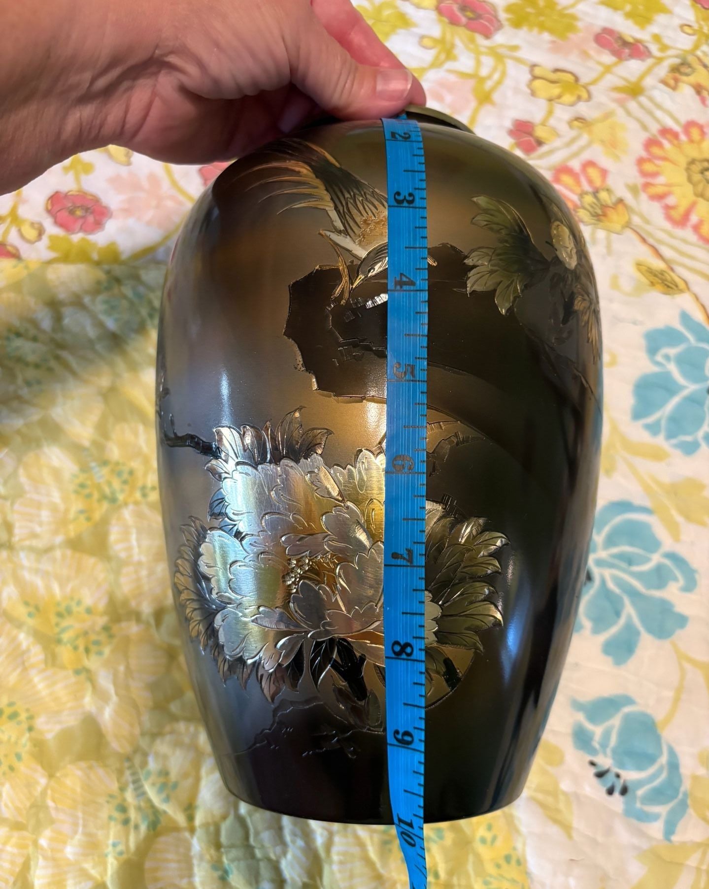 Preowned Vintage Japanese Etched Metal Or Bronze Vase Pheasant Floral Design 12