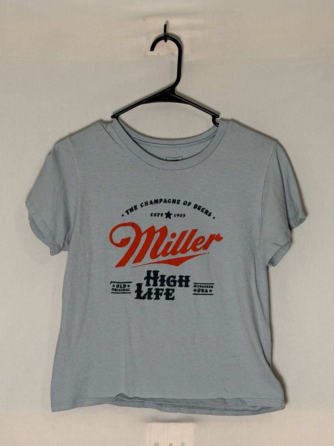 Miller High Life T-Shirt Large Blue Graphic Crop Top 2