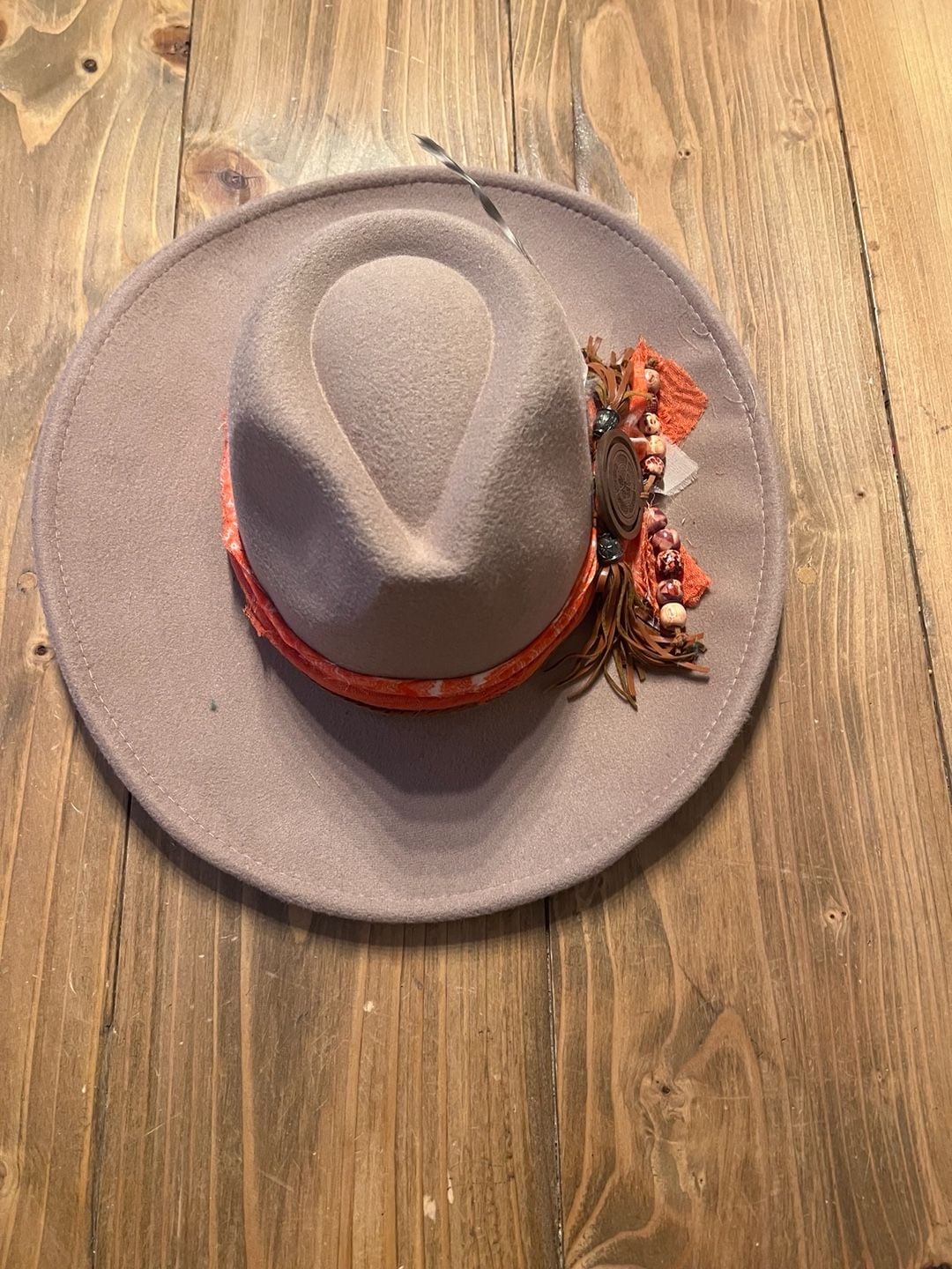 Boho Chic Felt Fedora Hat Taupe Orange Beaded Feather Band 6