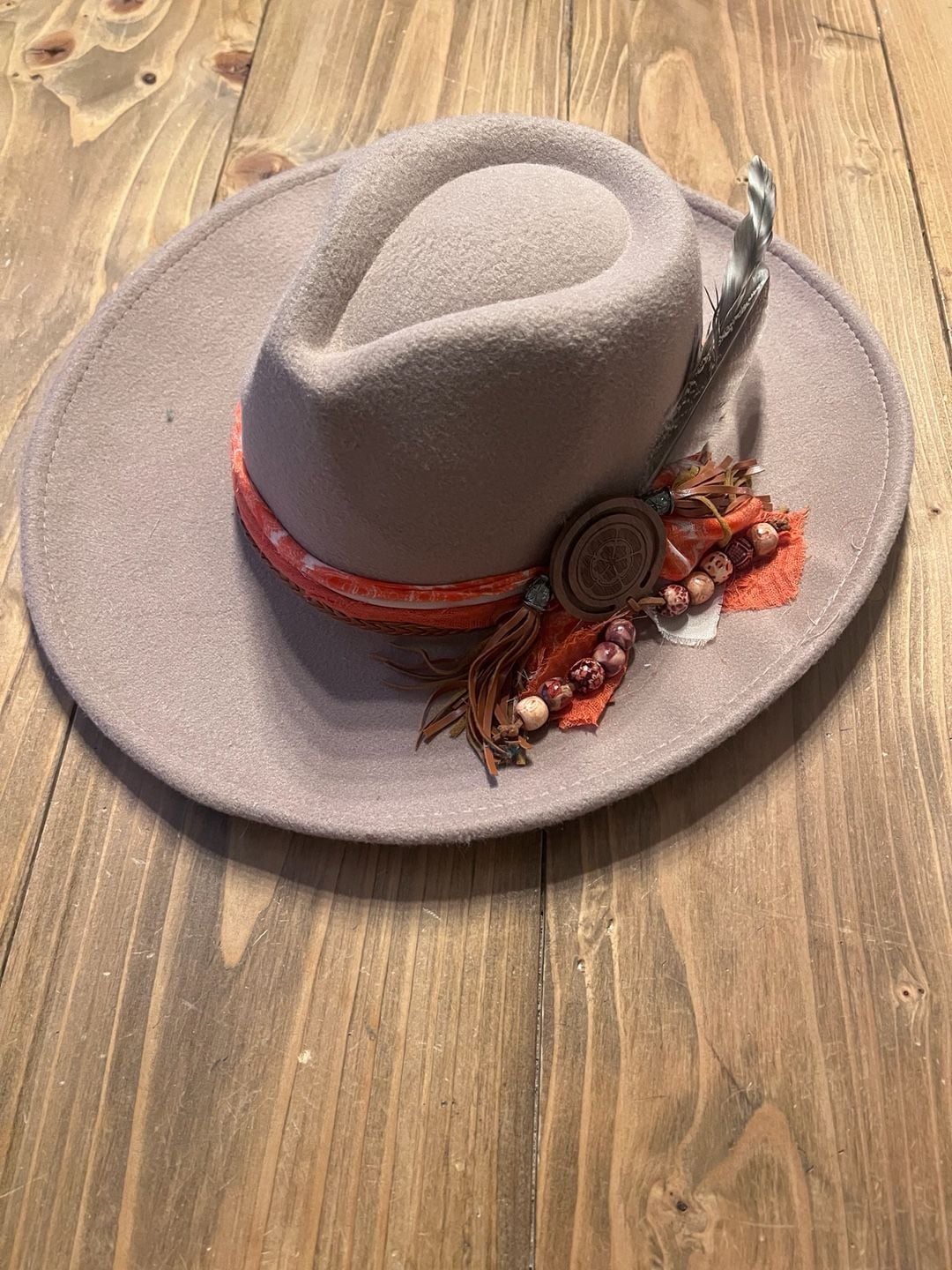 Boho Chic Felt Fedora Hat Taupe Orange Beaded Feather Band 3