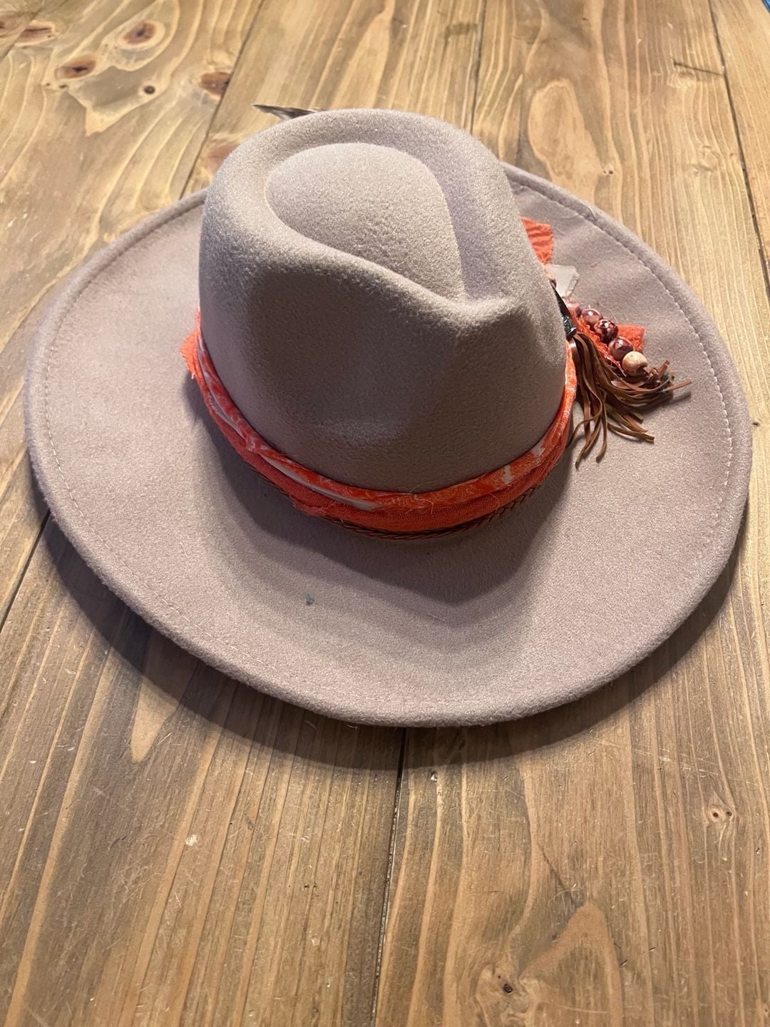 Boho Chic Felt Fedora Hat Taupe Orange Beaded Feather Band 5