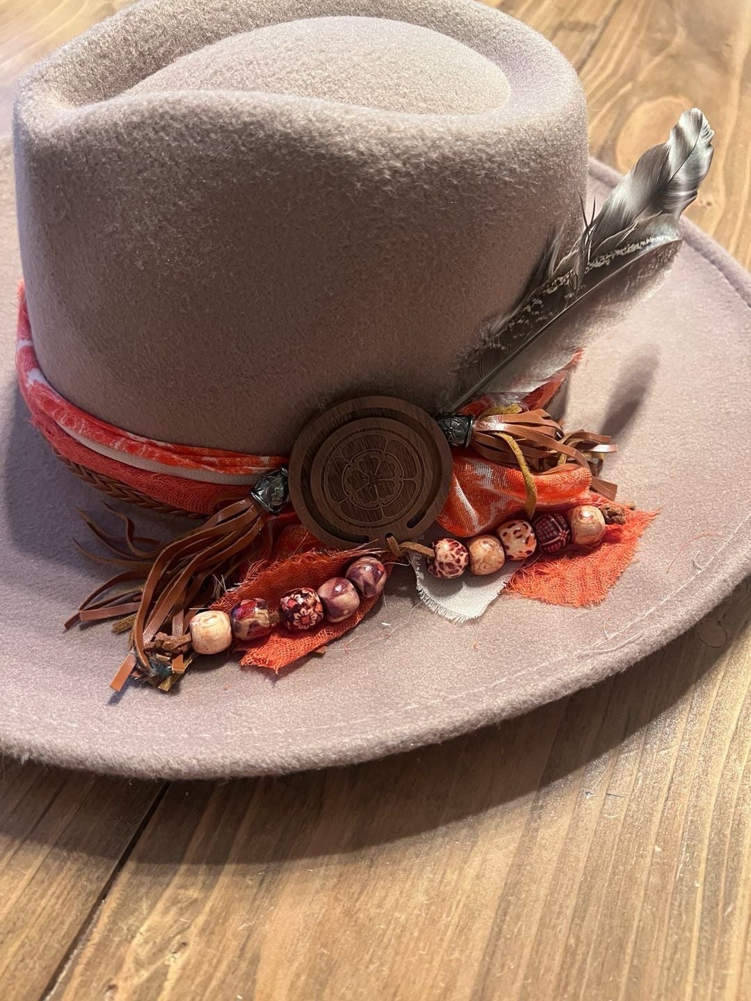 Boho Chic Felt Fedora Hat Taupe Orange Beaded Feather Band 4