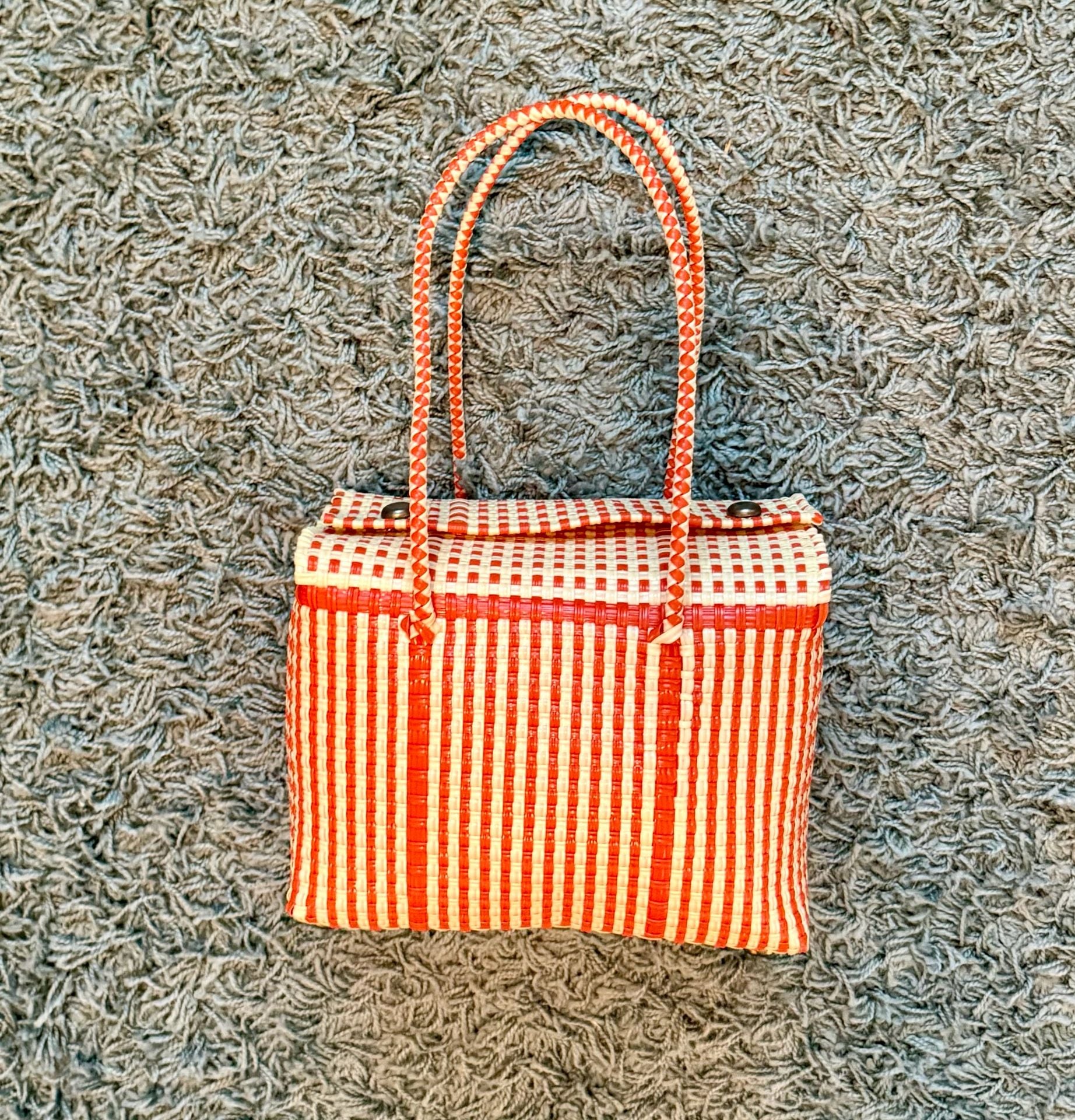 Vintage Woven Plastic Basket Tote Bag Orange White 2