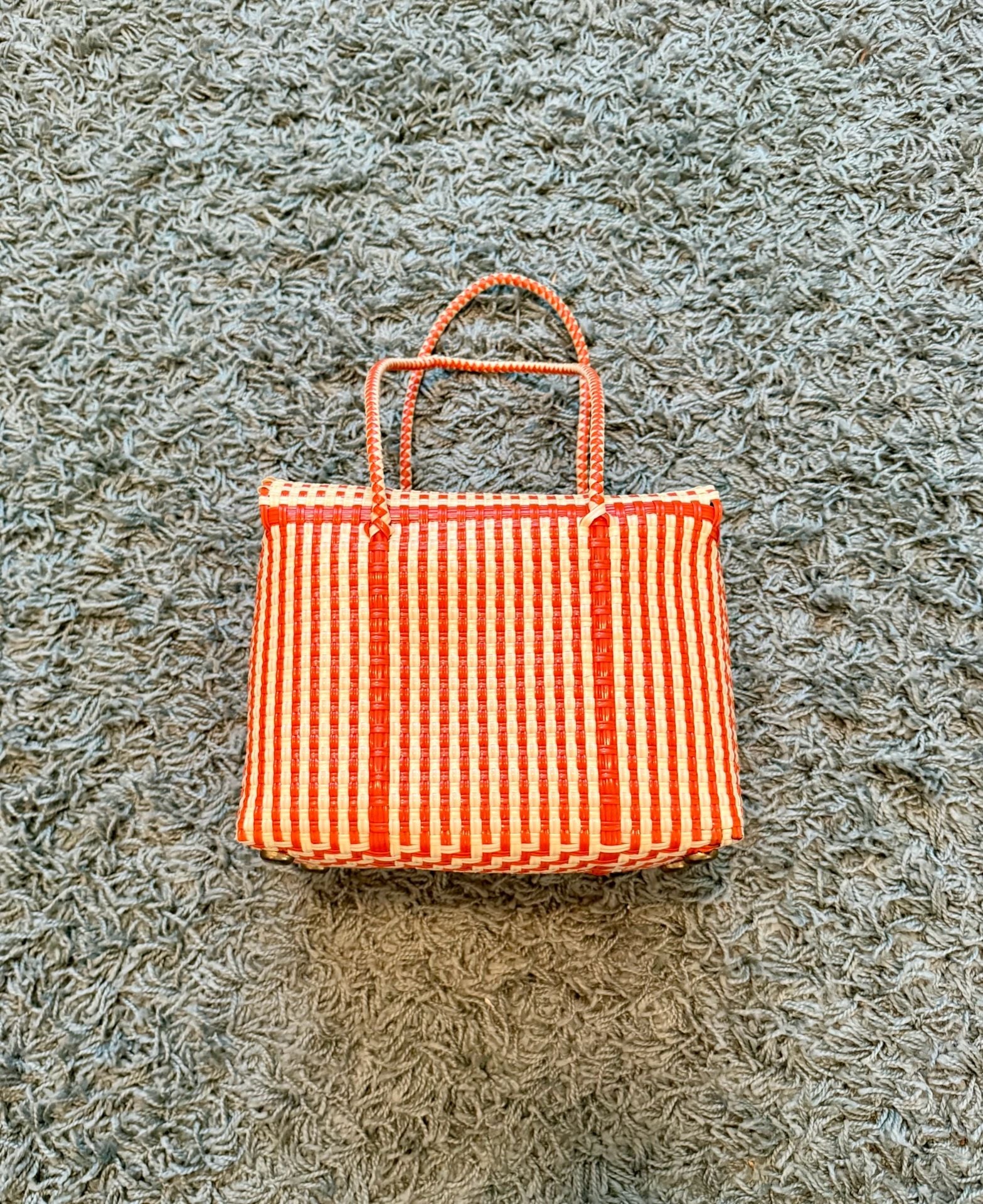 Vintage Woven Plastic Basket Tote Bag Orange White 3