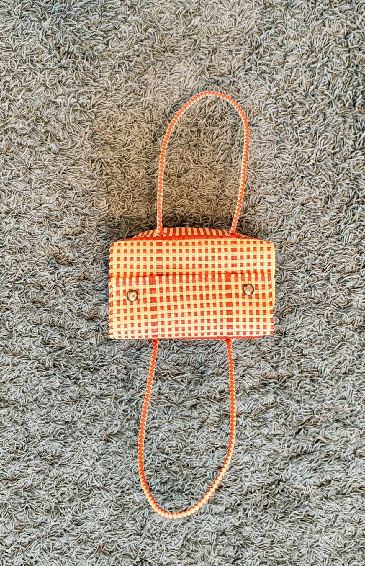 Vintage Woven Plastic Basket Tote Bag Orange White 4