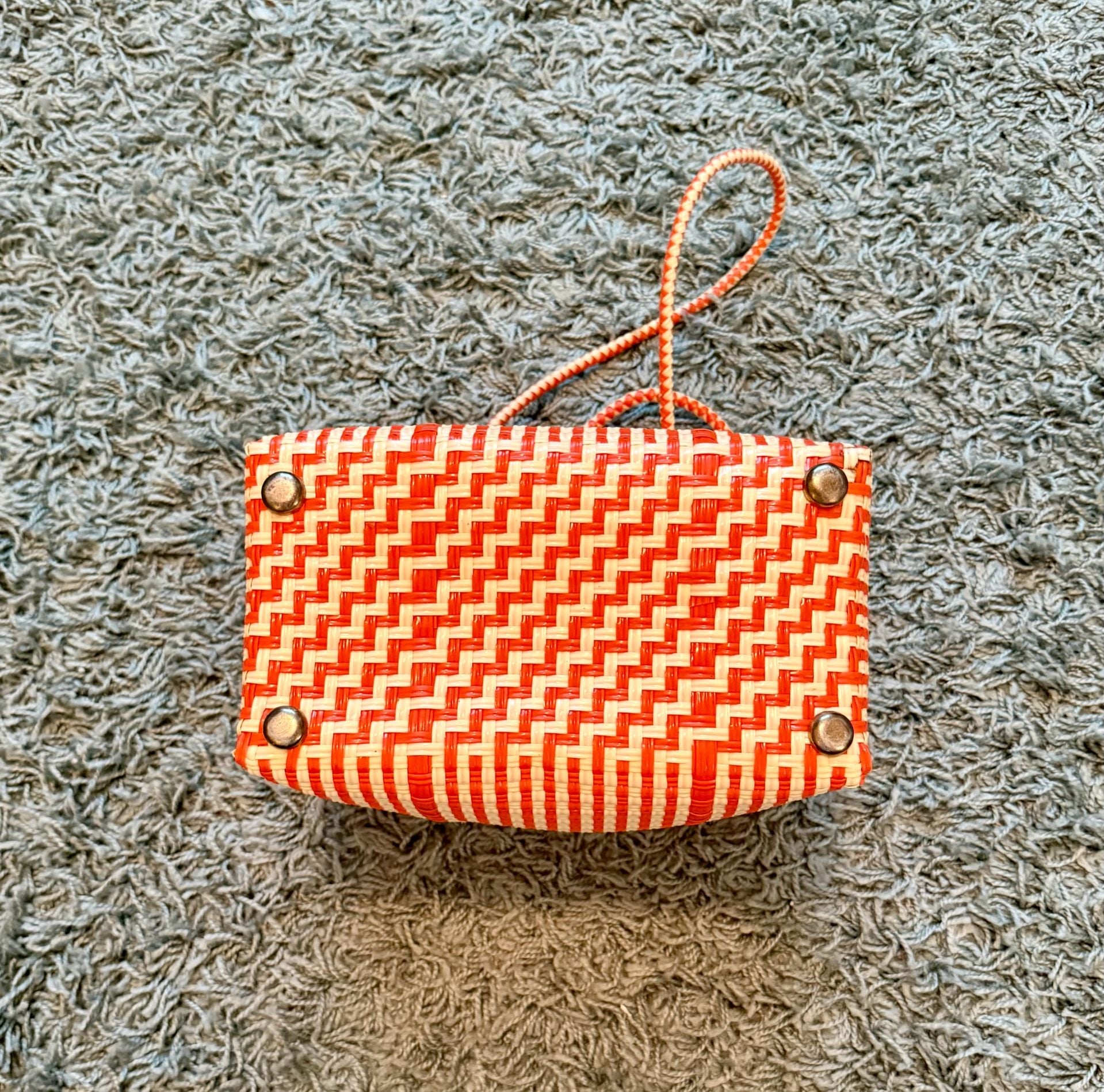 Vintage Woven Plastic Basket Tote Bag Orange White 5