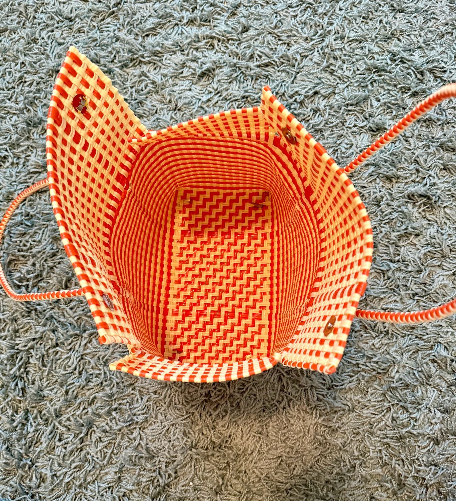 Vintage Woven Plastic Basket Tote Bag Orange White 6