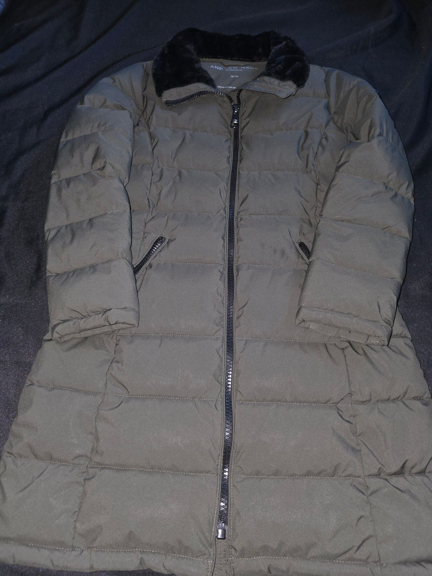 Andrew Marc Stretch Puffer Jacket Size M Green Faux Fur Collar 3
