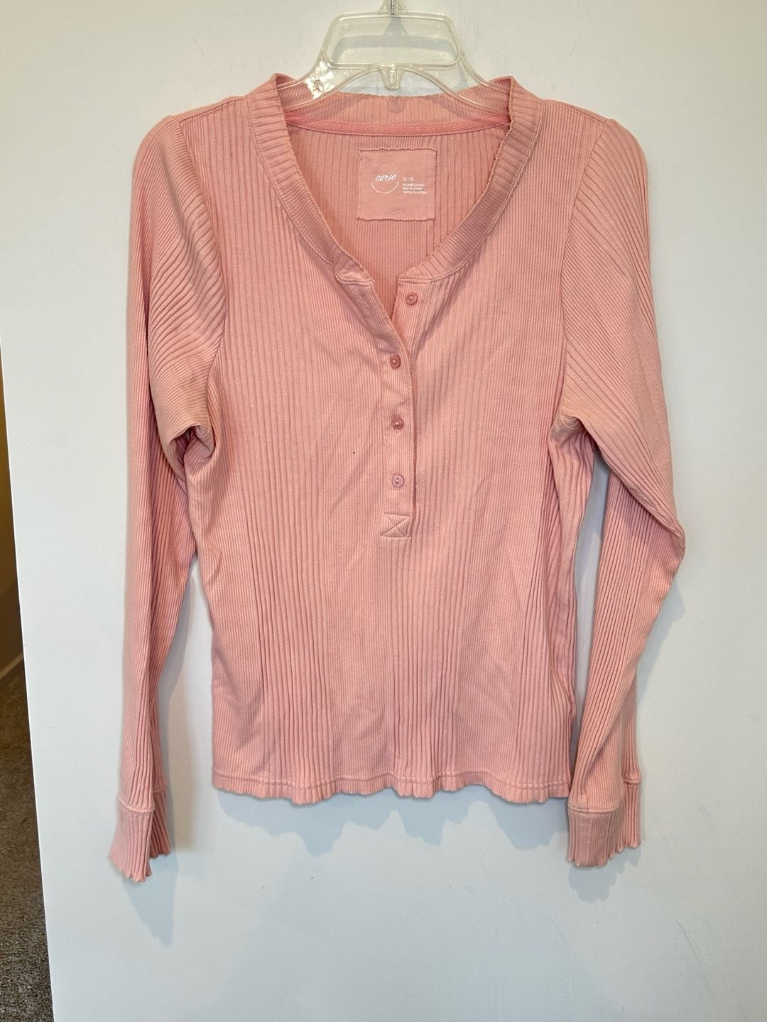 Aerie Long Sleeve Ribbed Henley Top Size XL Pink Cotton 2