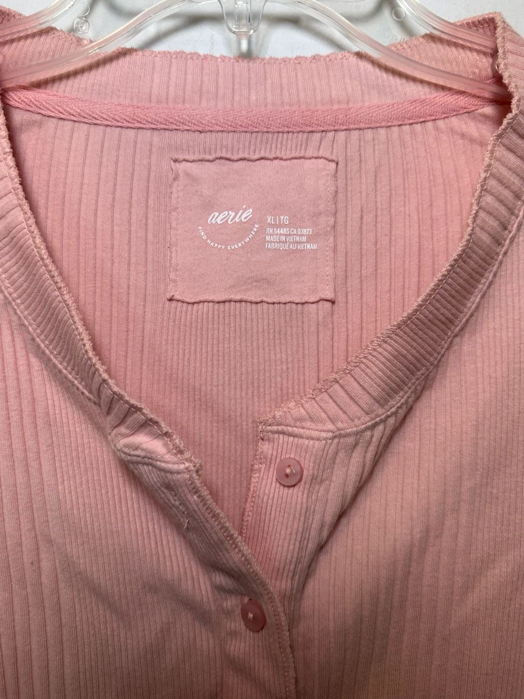 Aerie Long Sleeve Ribbed Henley Top Size XL Pink Cotton 4