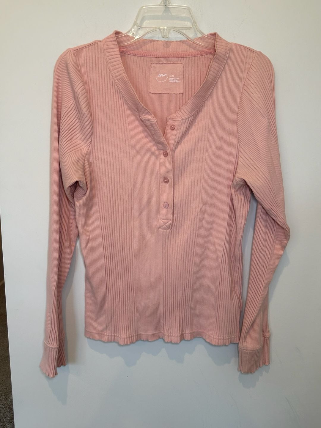 Aerie Long Sleeve Ribbed Henley Top Size XL Pink Cotton 6