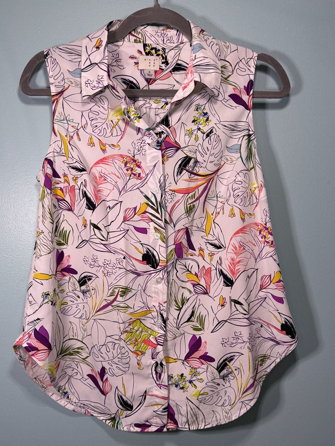 A New Day Floral Sleeveless Button-Down Shirt Size S 2