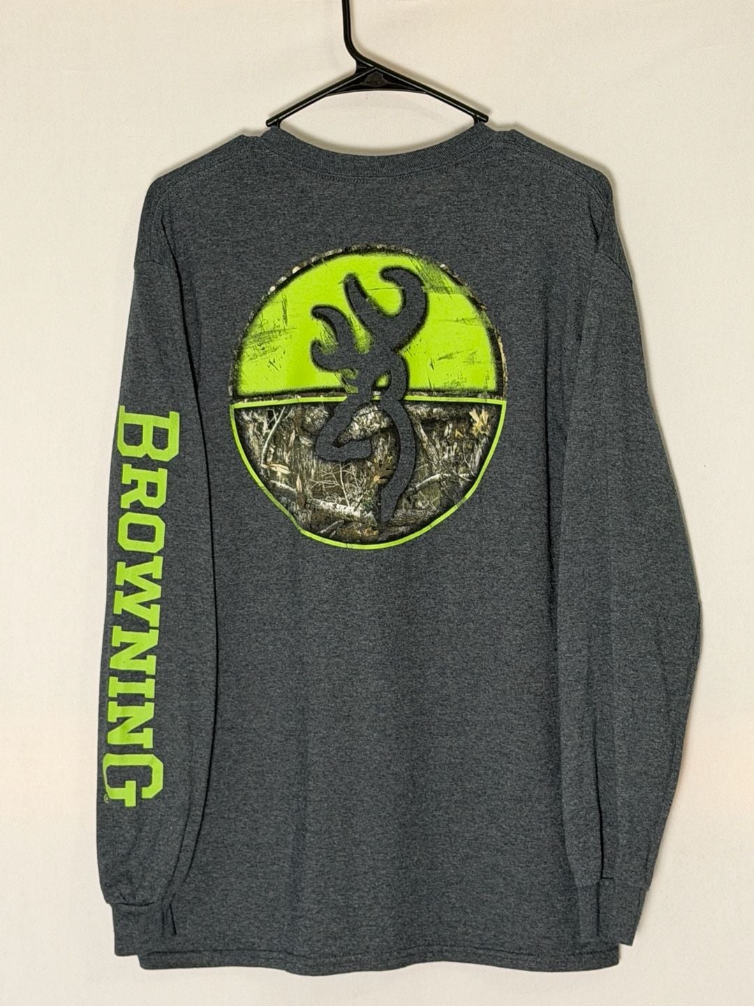Browning Mens M Gray Long Sleeve TShirt Deer Camo Lime Green Logo ..., 2