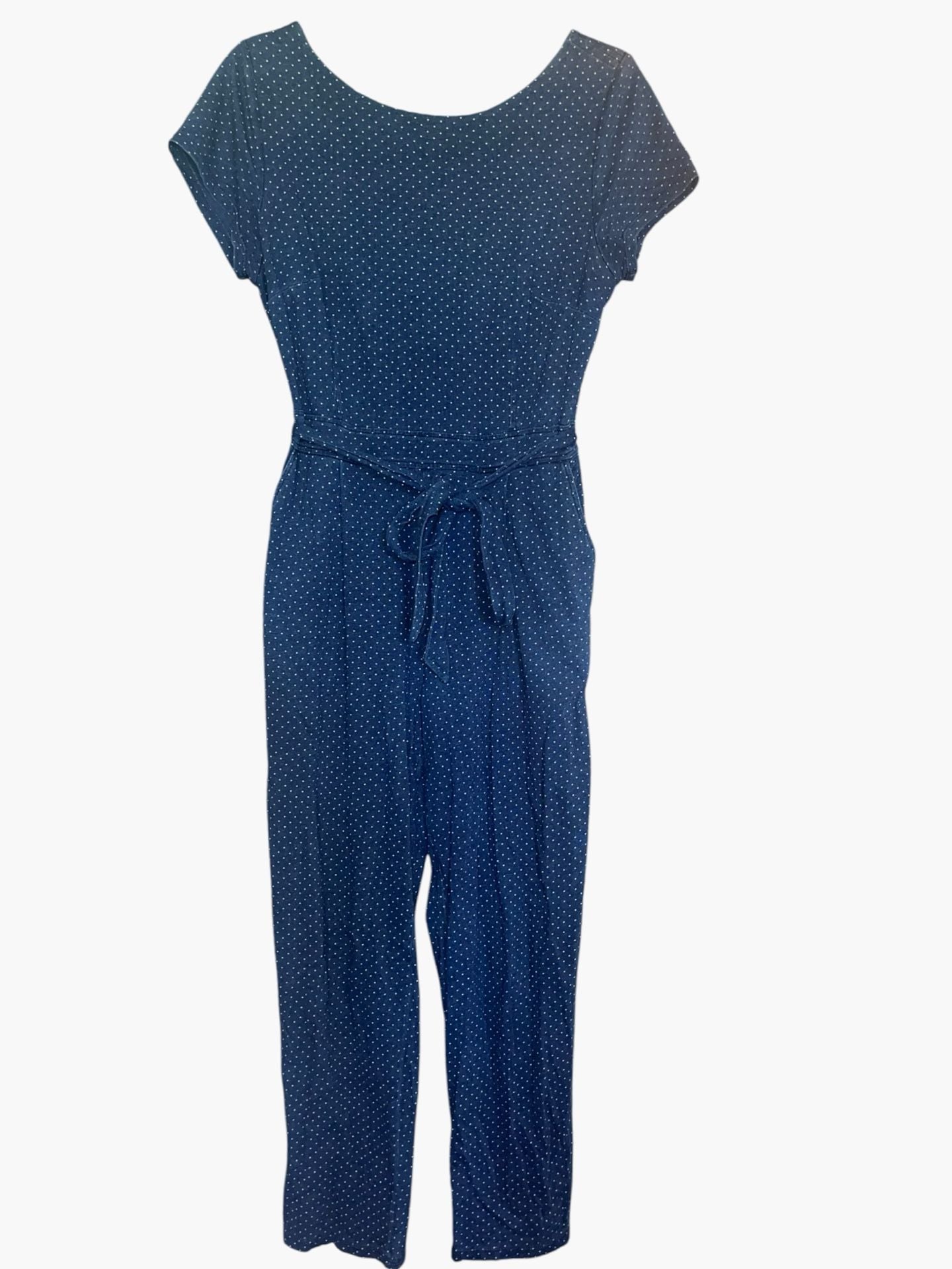 Boden Polka Dot Jumpsuit Size US 8P Blue Short Sleeve Tie Waist 3